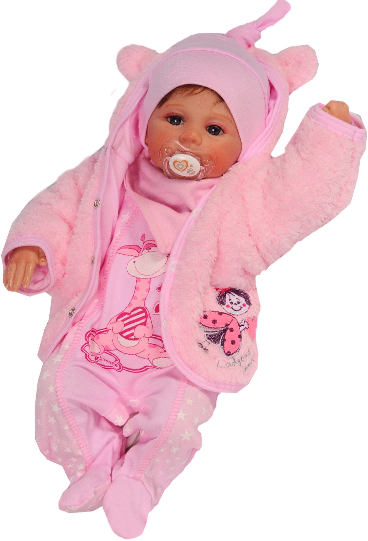 Strampler, Jäckchen & Mütze Stramplerhose Knotenmütze Shirt Jacke Lätzchen 5Tlg Baby Set in Rosa