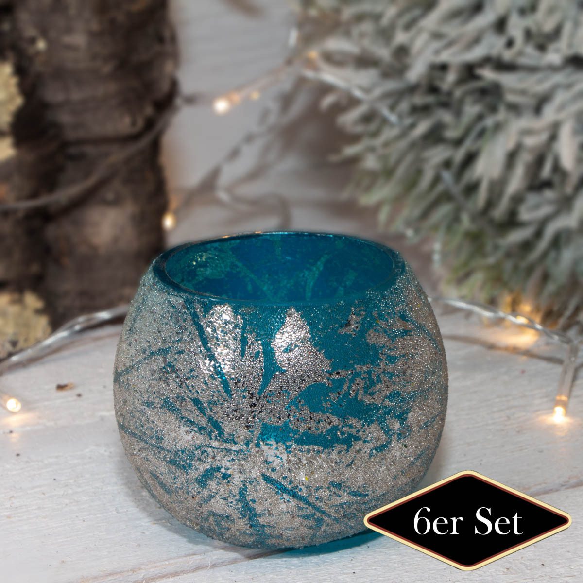 Antikas Weihnachtsfigur Teelichthalterset, Glitter, 6er Set, Glas, Blau, Silber, H7,5xB9,0