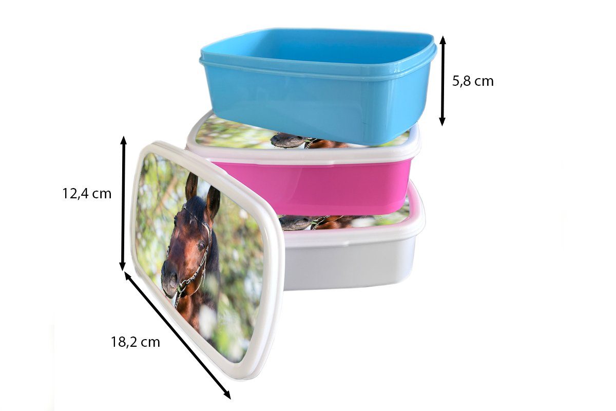 MuchoWow Lunchbox Pferde - Frühling rosa Mädchen, - Kunststoff, Brotbox - Blüte für Kinder, Snackbox, Erwachsene, Kunststoff Brotdose Tiere, (2-tlg)