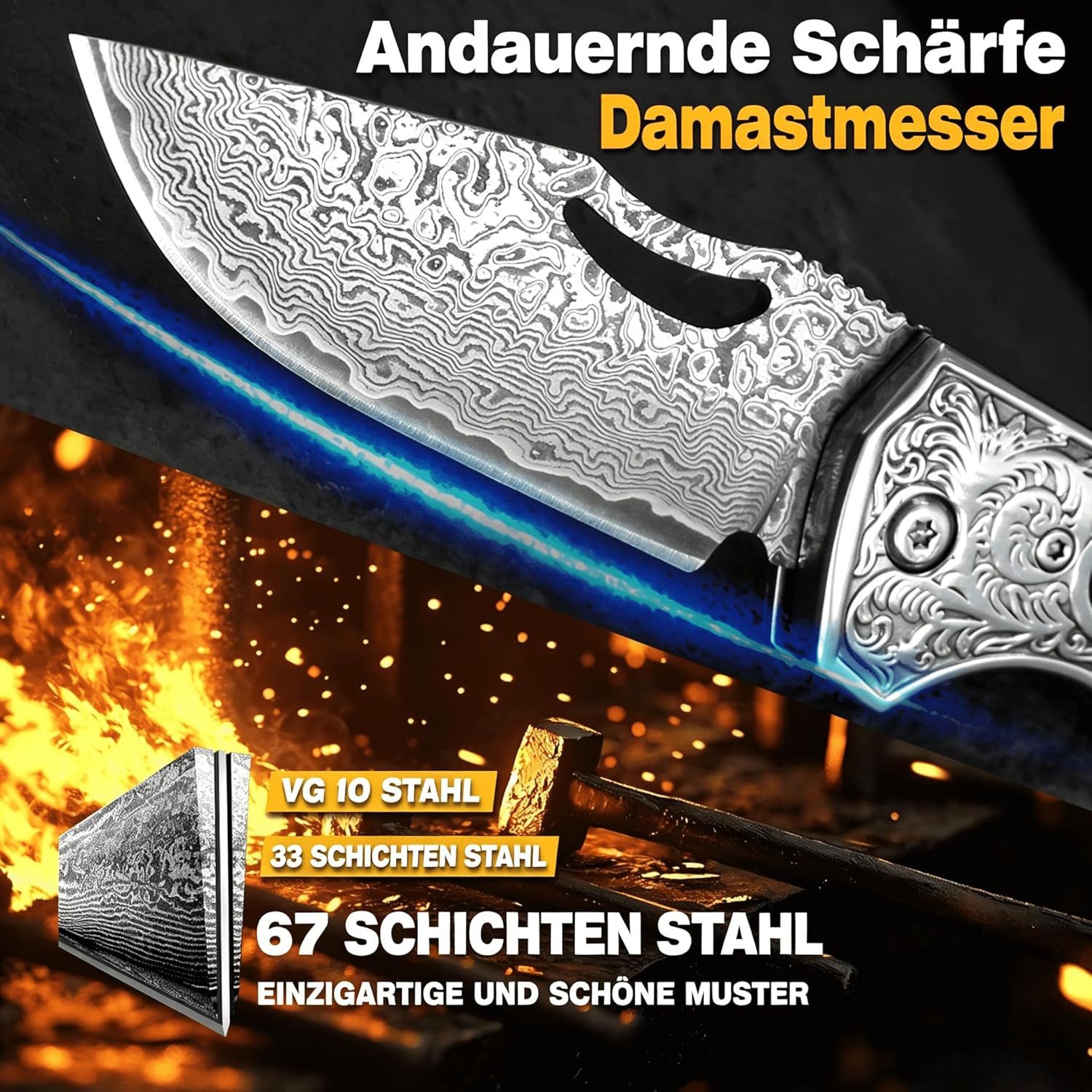 KingLux Damastmesser Damast Taschen Klappmesser Outdoor Messer Jagdmesser mit Lederscheide
