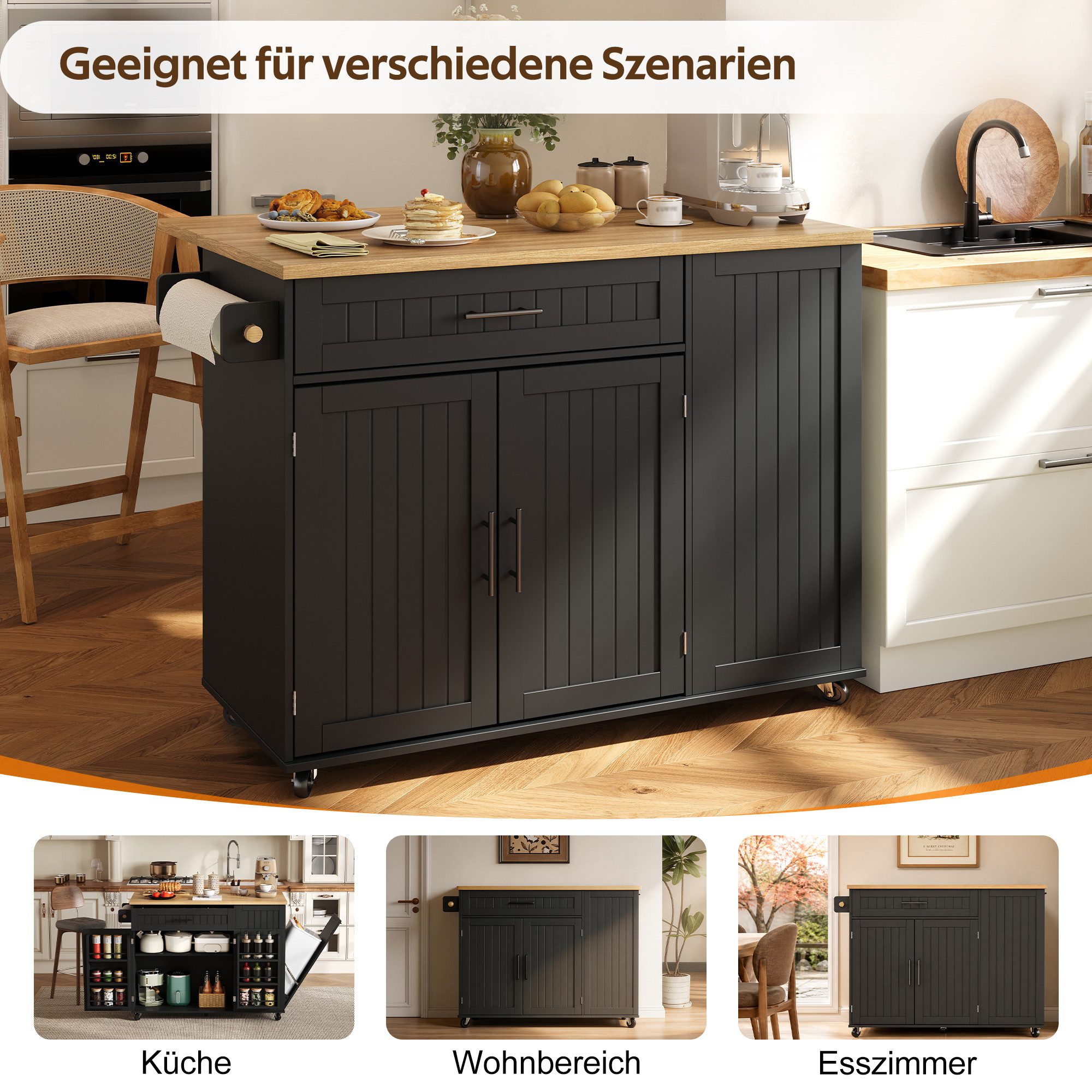 i@home Kücheninsel Küchenwagen mit klappbarer Arbeitsplatte und Mülleimerschrank, (auf Rollen mit Feststellbremse), 1 Schublade, Ablage über der Tür, freistehend