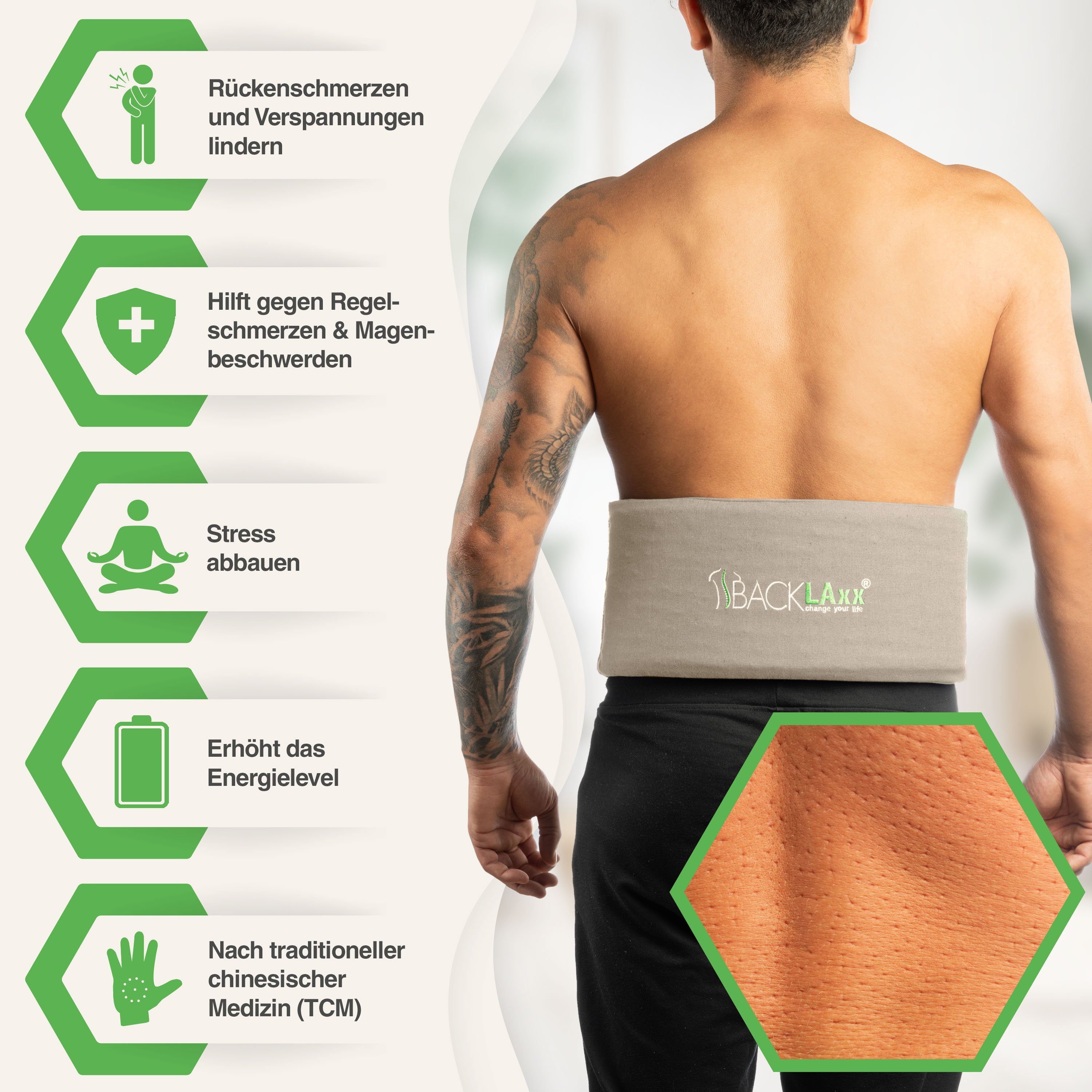 BACKLAxx® Akupressurmatte Akupressur Lendengürtel mit 736 Spitzen (Lendengurt mit Tasche - inkl. Videokurs & Hörbuch, Akupressur Gürtel gegen Rückenschmerzen), Intensitätsregulierung durch Klettverschluss
