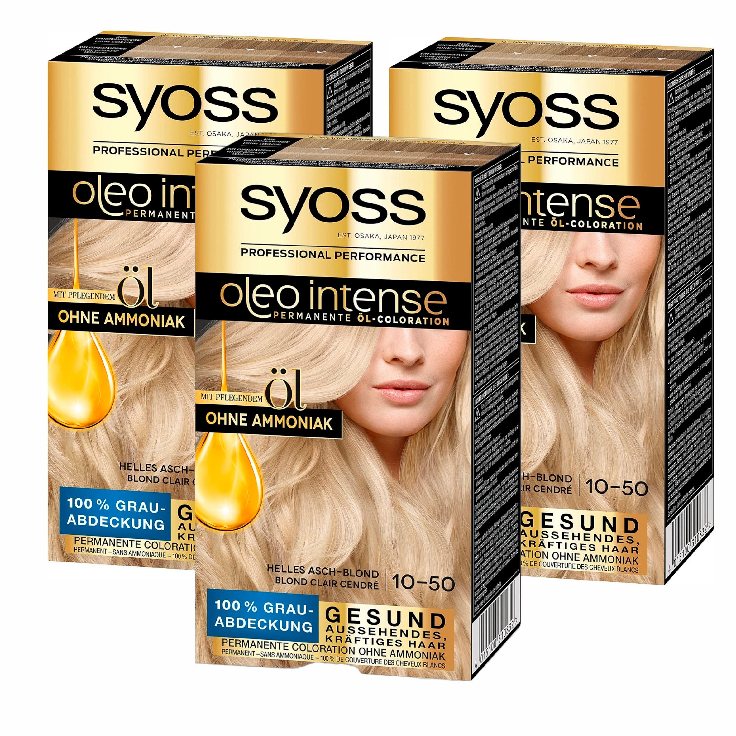 Syoss Coloration 3x Syoss Oleo Intense Öl-Coloration 10-50 Helles Asch-Blond Stufe 3, 3-tlg., dauerhafte Öl-Coloration, dauerhafte Haarfarbe mit pflegendem Öl