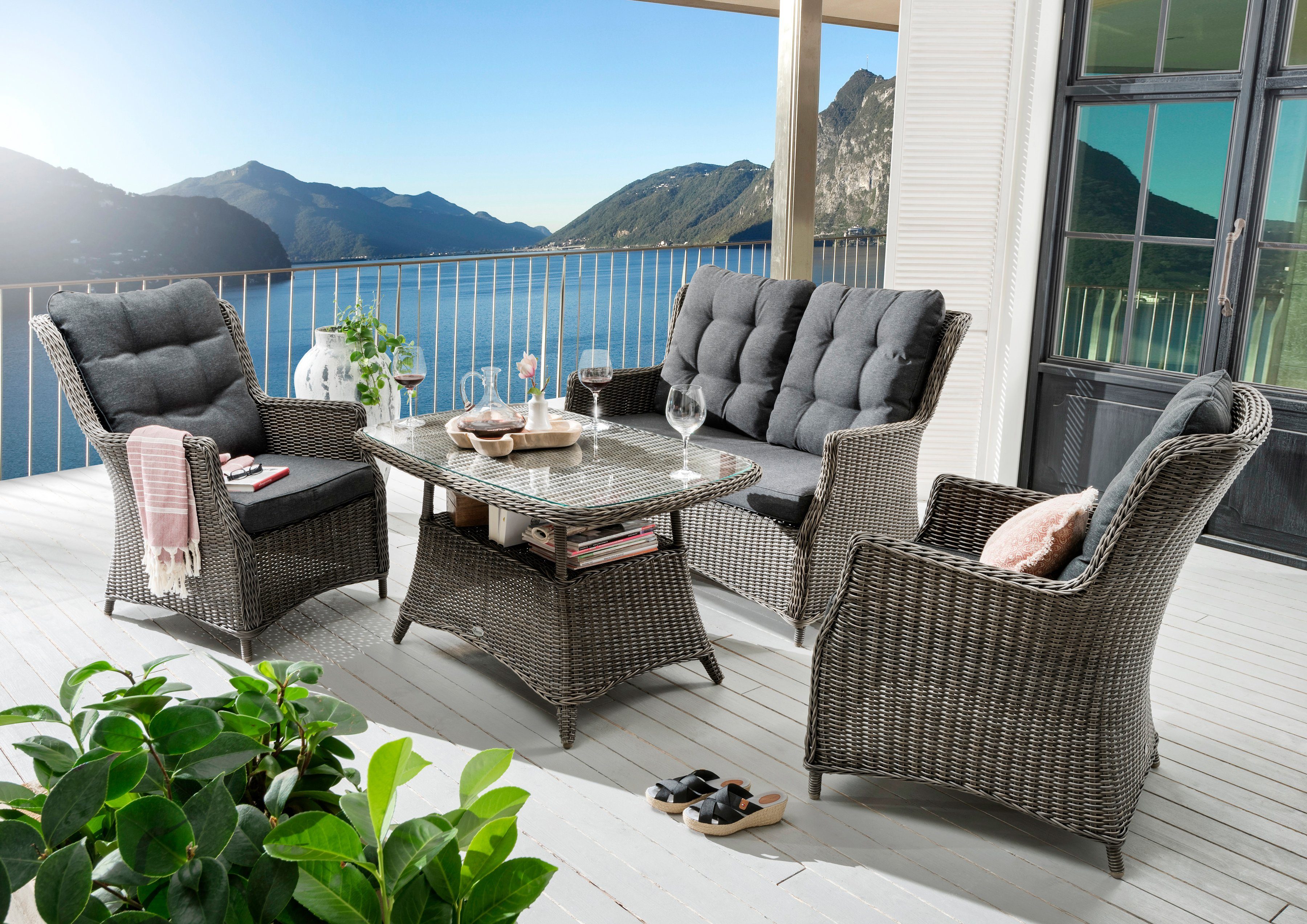 Destiny Garten-Essgruppe CASA, 13-tlg), 2 Vintage 2er Polyrattan, und cm (Set, 1 Sessel, Grau Sofa 120x70x65 Tisch