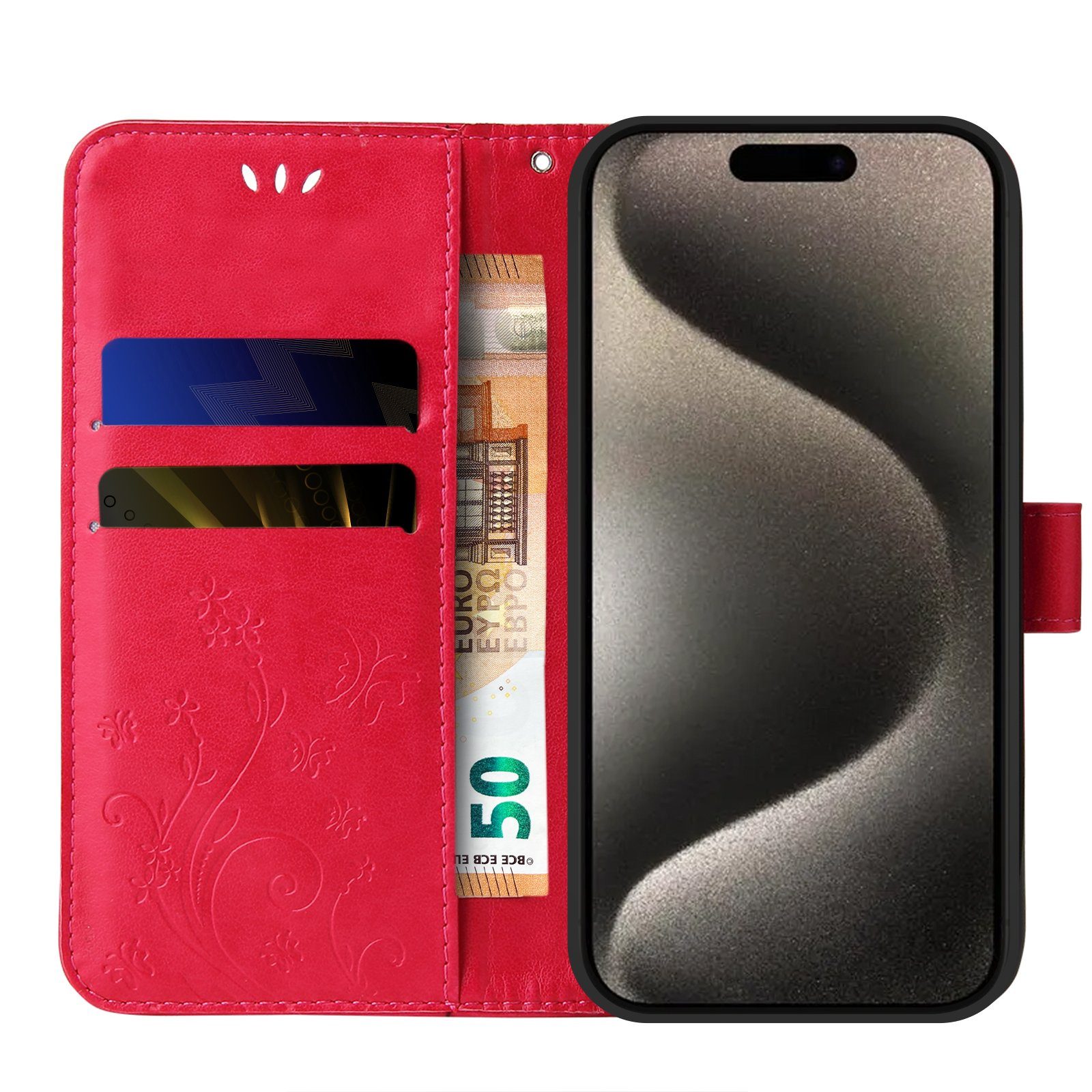 Tec-Expert Handyhülle Cover Tasche Hülle für Apple iPhone 15 Pro 6,1 Zoll, Klapphülle Case mit Kartenfach Fliphülle aufstellbar, Motiv Blumen