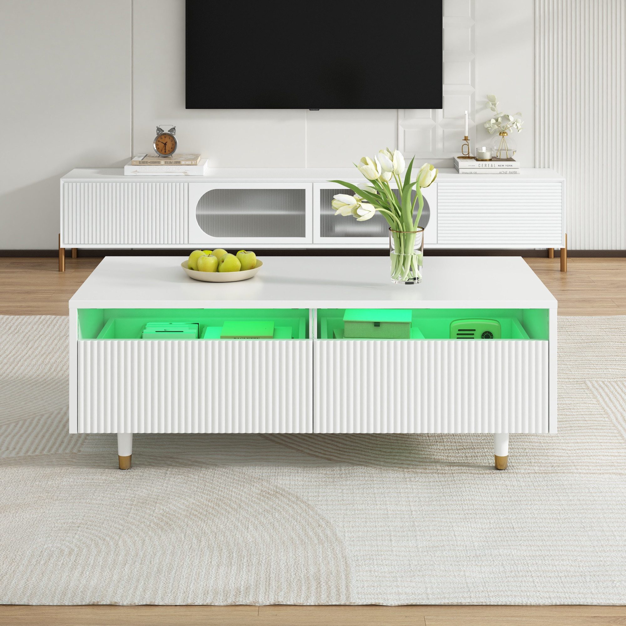 Merax Couchtisch Sofatisch Beistelltisch mit LED-Beleuchtung (1-St), Wohnzimmertisch mit 2 Schubladen & Massivholzbeinen, 110×50×40 cm – Bild 4 von 4