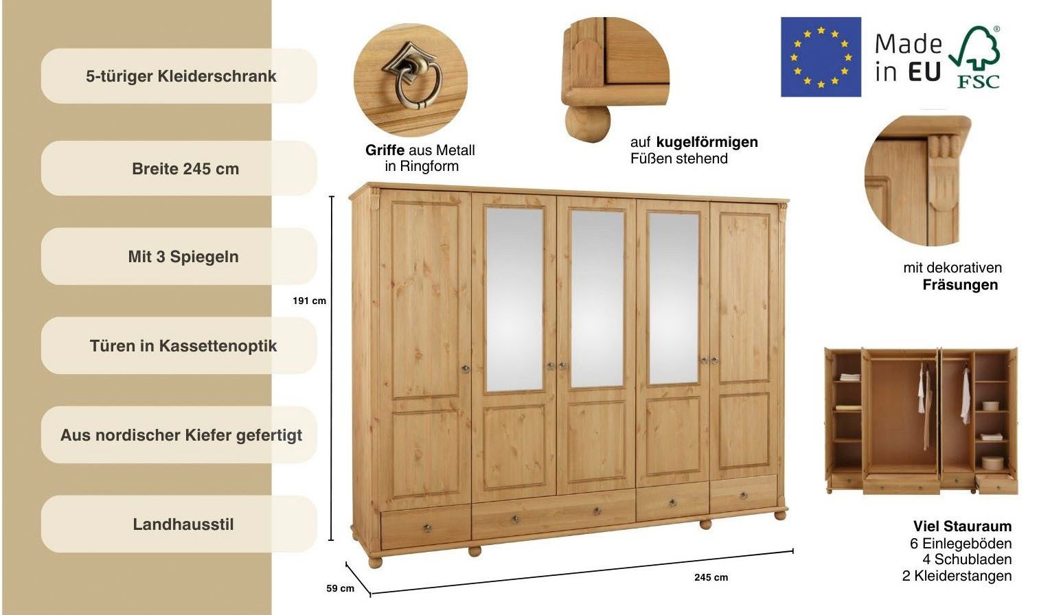 OTTO home Kleiderschrank Tessin (B/H/T ca. 245/191/59 cm) Breite 245 cm, Kiefer massiv, mit Spiegel
