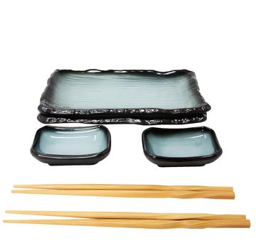 MystiCalls Sushiteller Sushi Geschirr Set für 2 Personen blau/schwarz Platte Sushiplatte, (8 St), Spülmaschinenfest