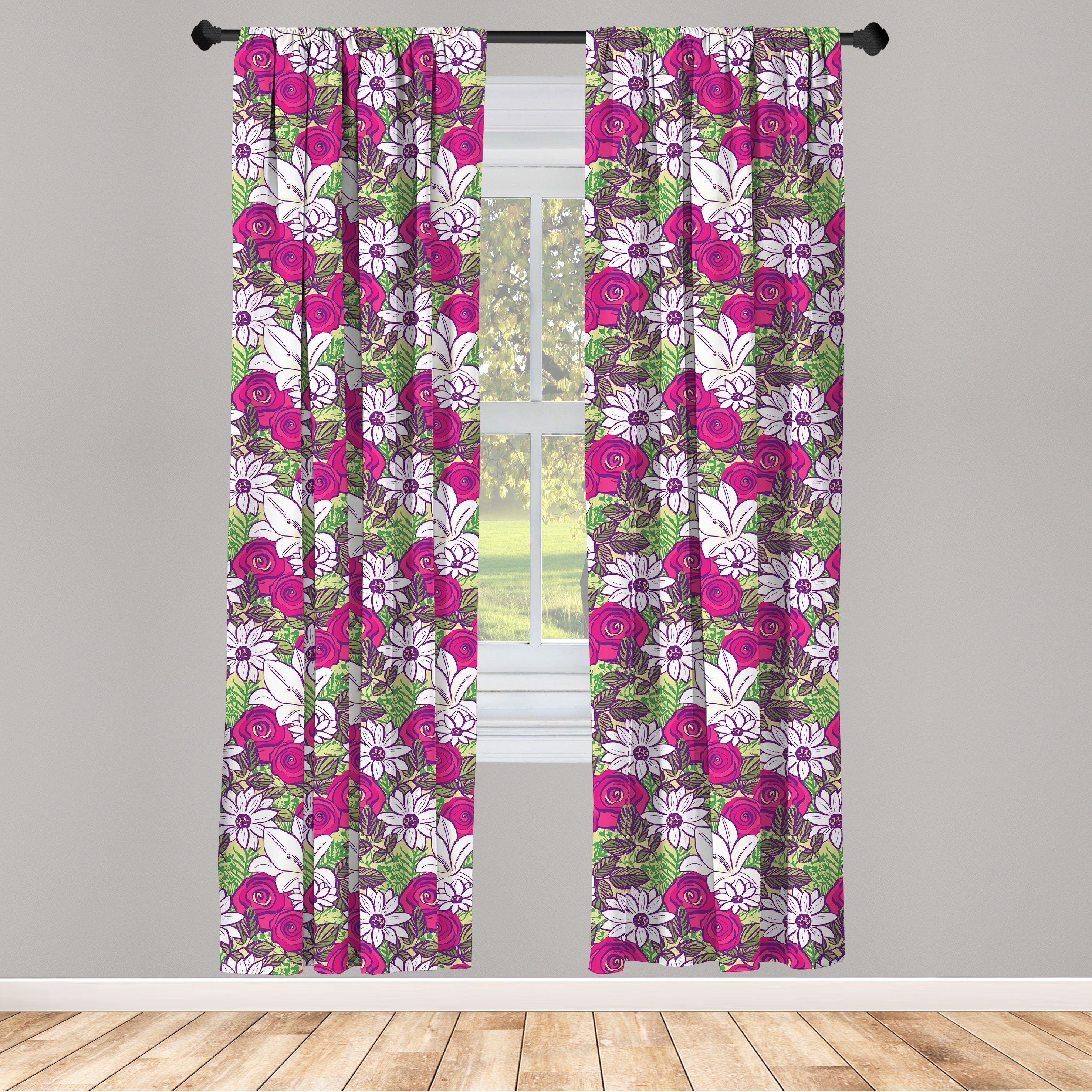 Gardine Vorhang für Wohnzimmer Schlafzimmer Dekor, Abakuhaus, Microfaser, Blumen Bold Rosen Lilien Kamillen