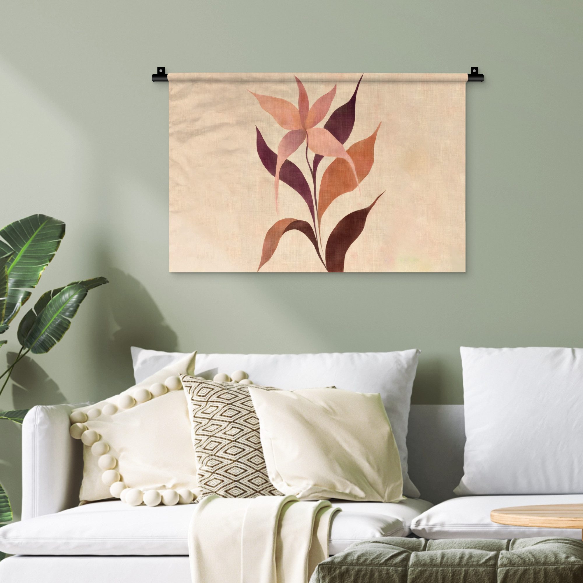 MuchoWow Wandteppich Minimalistisch - Blume - Blätter - Beige, Rechteckig, Höhe: 3 mm, Wandteppich für Wohnzimmer, Schlafzimmer, 60x40 cm