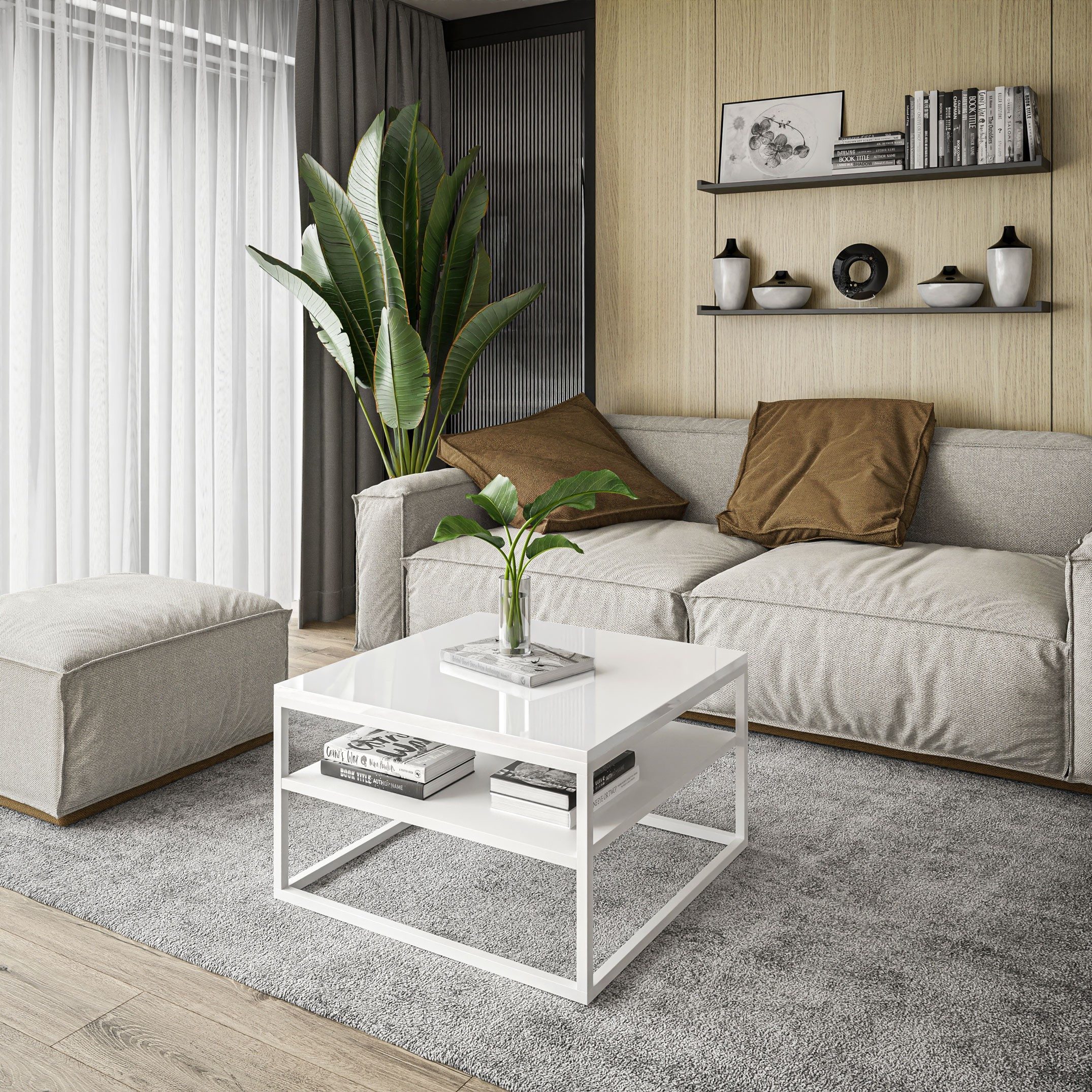 Lookway Couchtisch NOVA HOCHGLANZ mit Ablage weißem Gestell (1 Tisch), 68,5x68,5x48 cm – Bild 3 von 4
