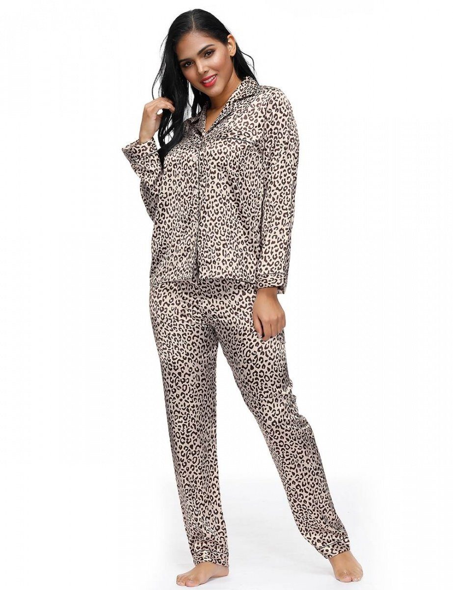 Lau-Fashion Pyjama Leoparden Schlafanzug Satin Leo Langarm zweiteilig  Nachtwäsche S/M