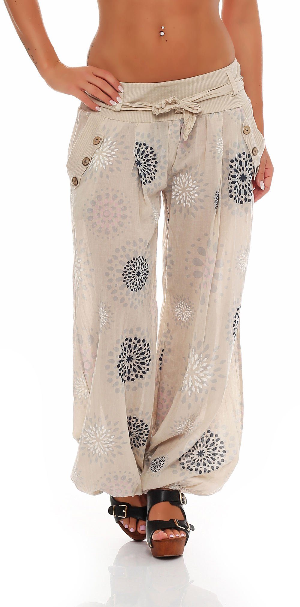 3481 beige Aladinhose more Haremshose malito fashion Einheitsgröße than Pumphose mit Print