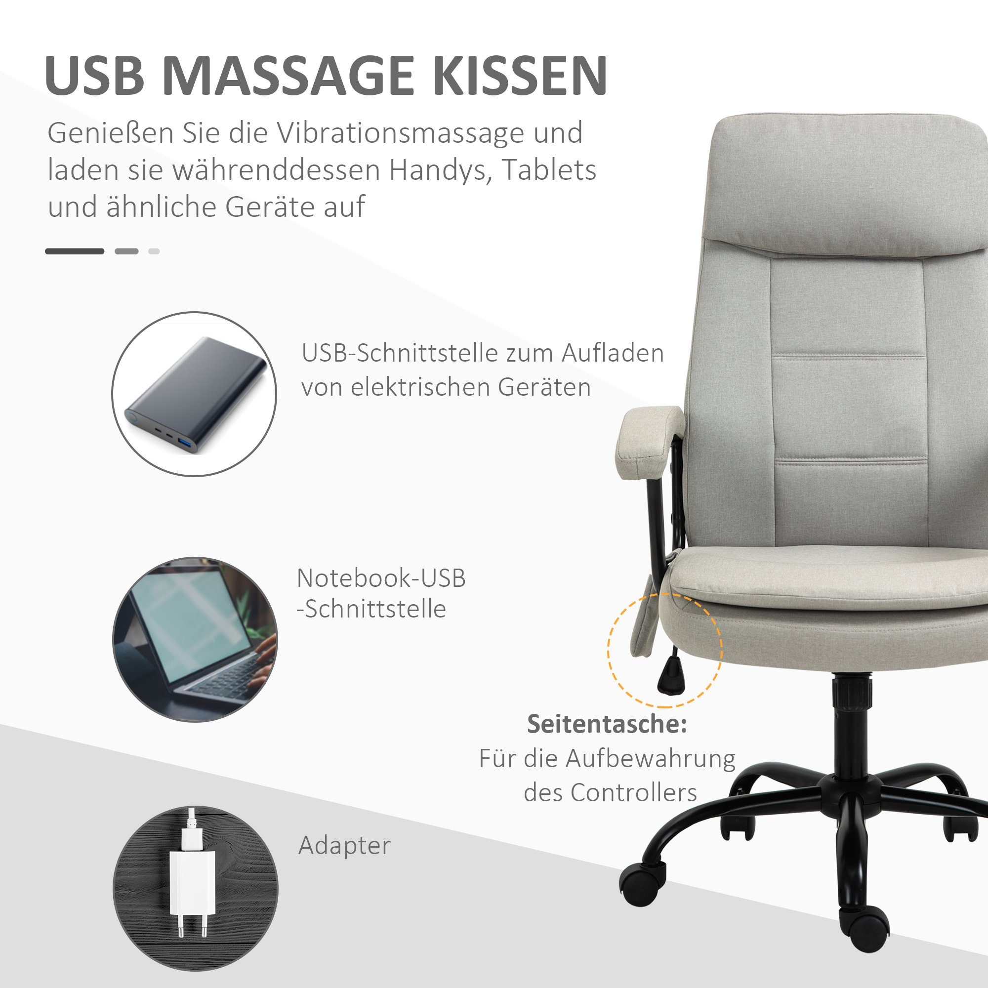 St), Massagebürostuhl | Beige Schreibtischstuhl Massagestuhl 1 Beige (Set, Lendenwirbelsäulenmassage höhenverstellbar Schwarz Vinsetto