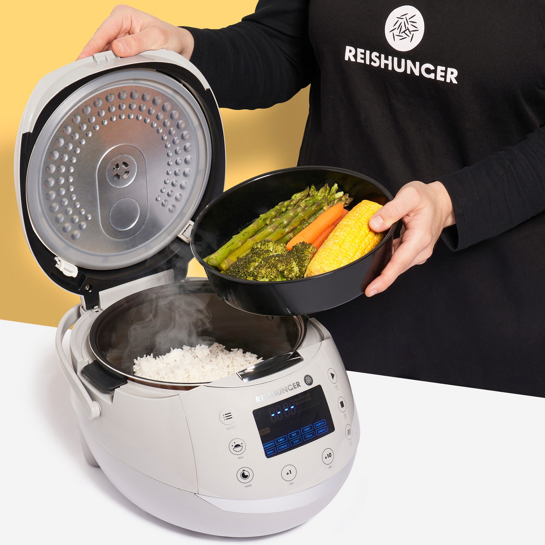Reishunger Reiskocher - Digitaler Reiskocher & Dampfgarer, 860 W, Timer- und Warmhaltefunktion, 7-Kochphasen-Technologie, LED-Display