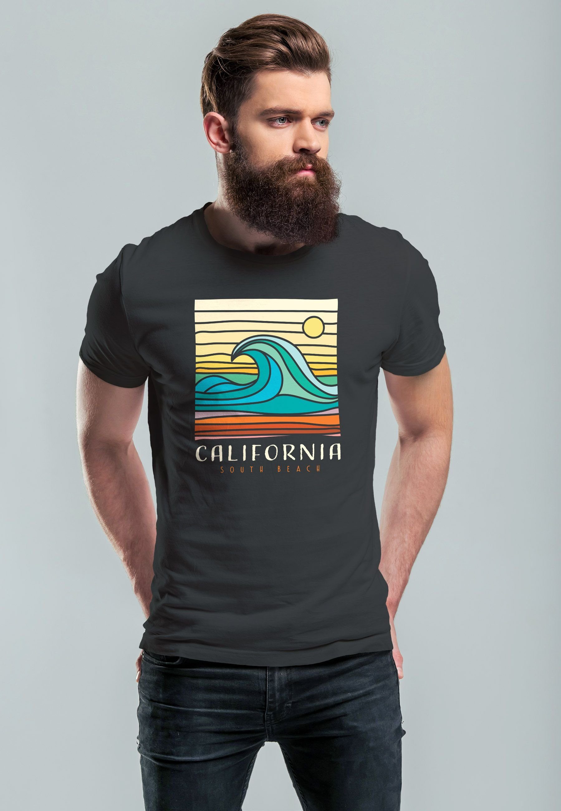 Neverless Print-Shirt Herren T-Shirt Aufdruc Wave Print Surfing Beach South mit Print Welle anthrazit California