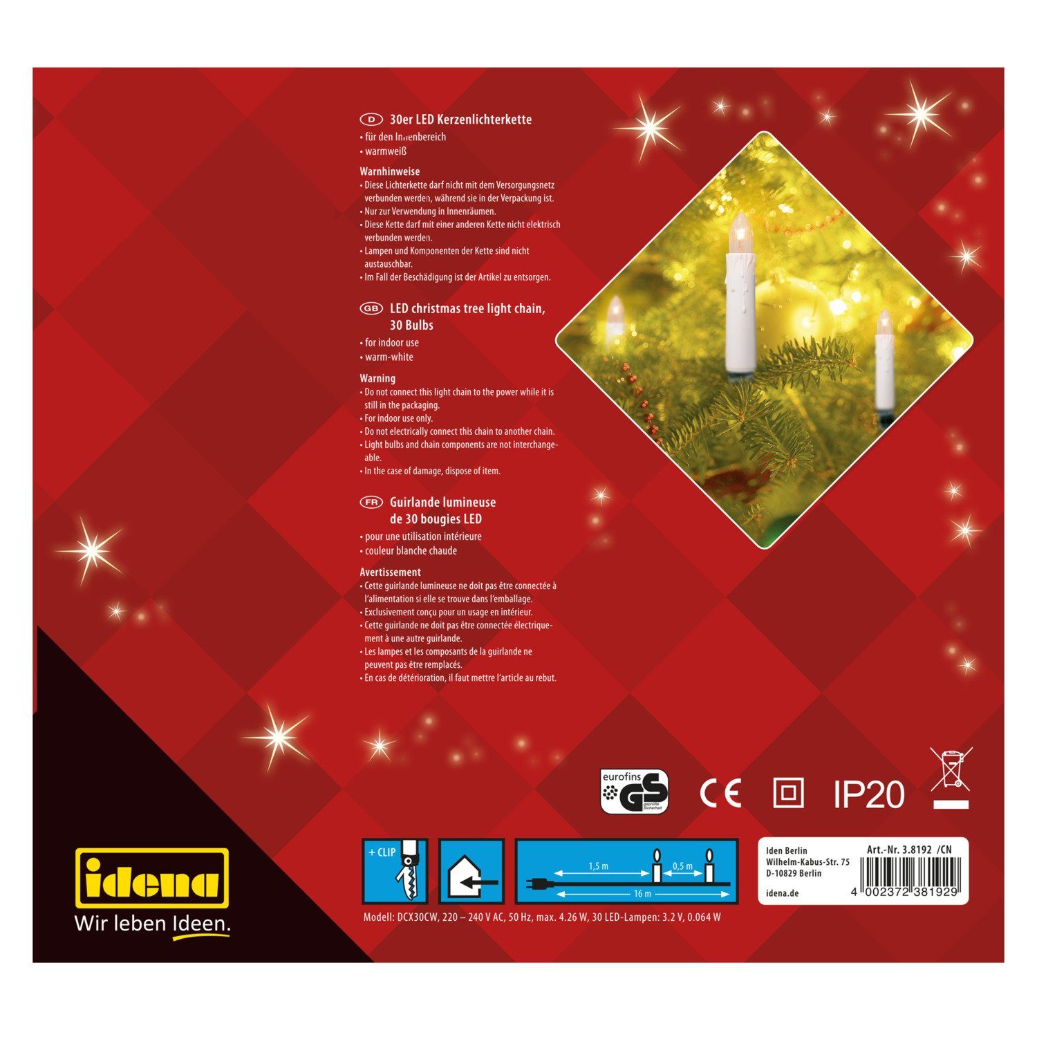 Idena LED-Lichterkette Idena 38192 - LED Kerzen Lichterkette mit 30 LEDs in Warmweiß, elfenbe – Bild 4 von 5
