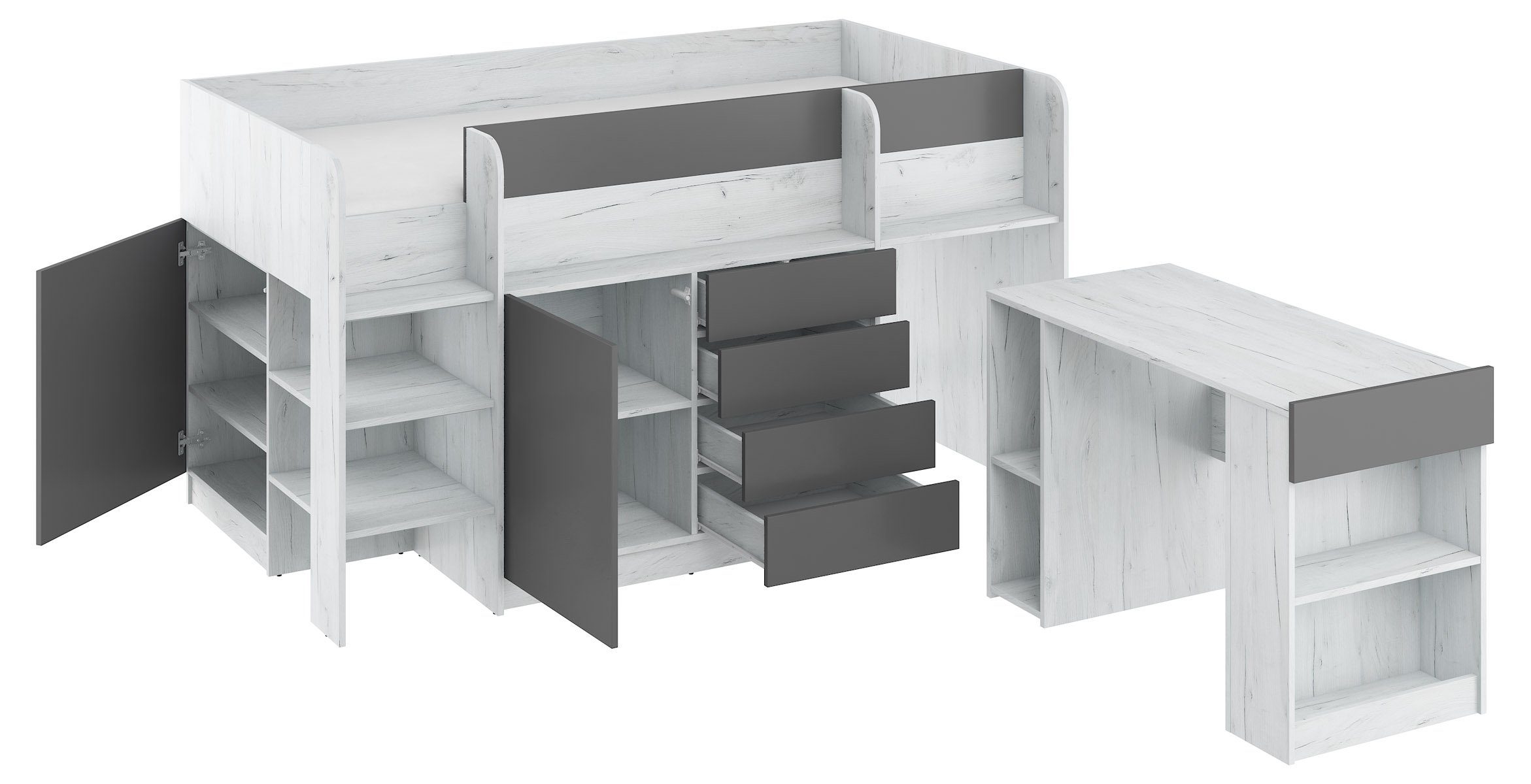 Domando Hochbett Hochbett Sondrio Breite integrierten 204cm, Schreibtisch Regal und Graphit Schränken, Weiß und mit Eiche