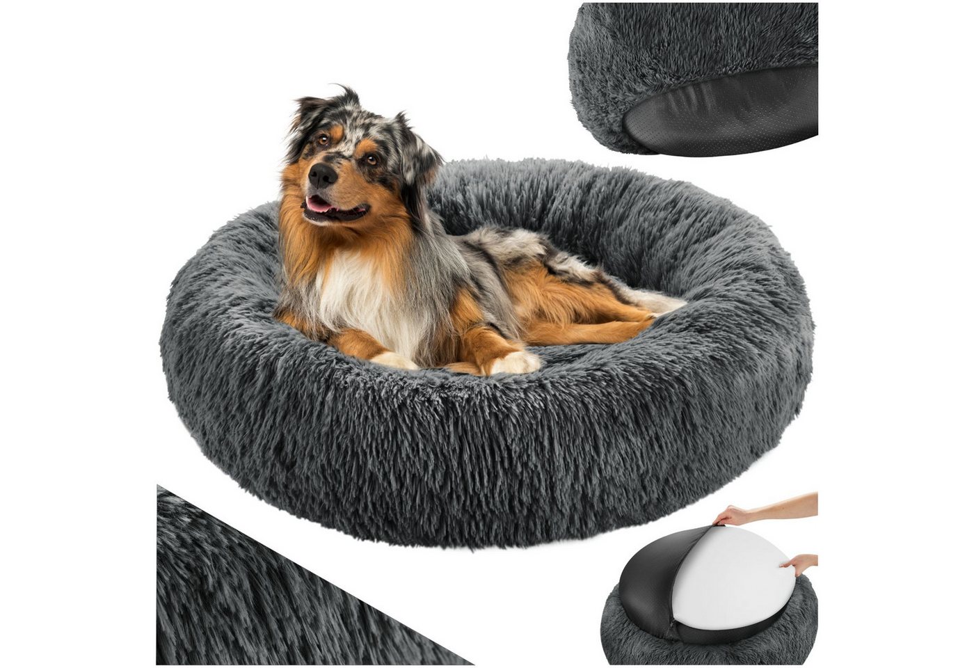 tectake Hundematte Hundebett, waschbar, rund mit langem, weichem und flauschigem Plüsch, Dicke Polsterung mit erhöhtem Rand und rutschfester Unterseite