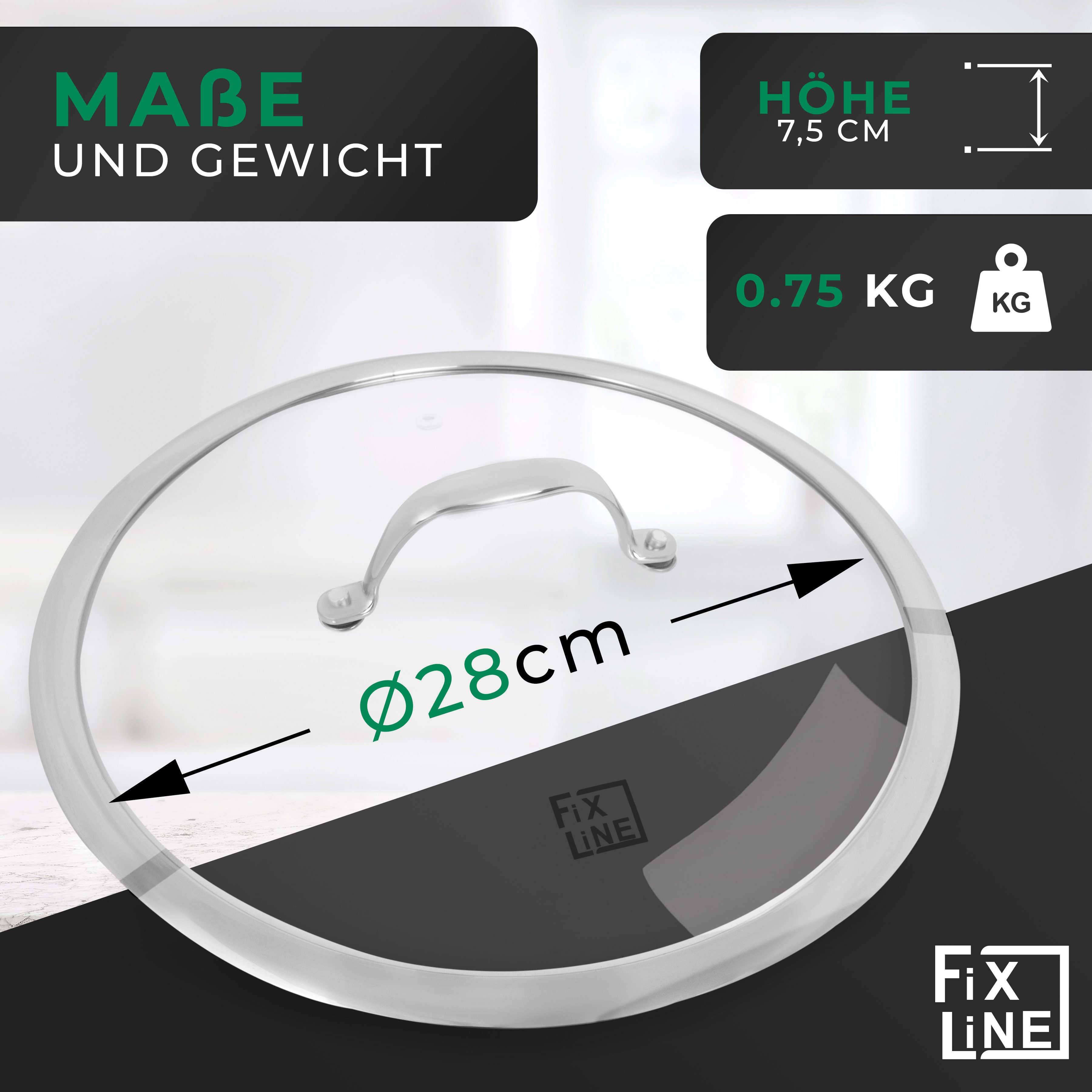 FIXLINE Pfannendeckel 28cm passend für alle Pfannen & Töpfe - Glas/Edelstahl, (Packung, 1 Deckel), Ideal für alle FIXLINE Pfannen