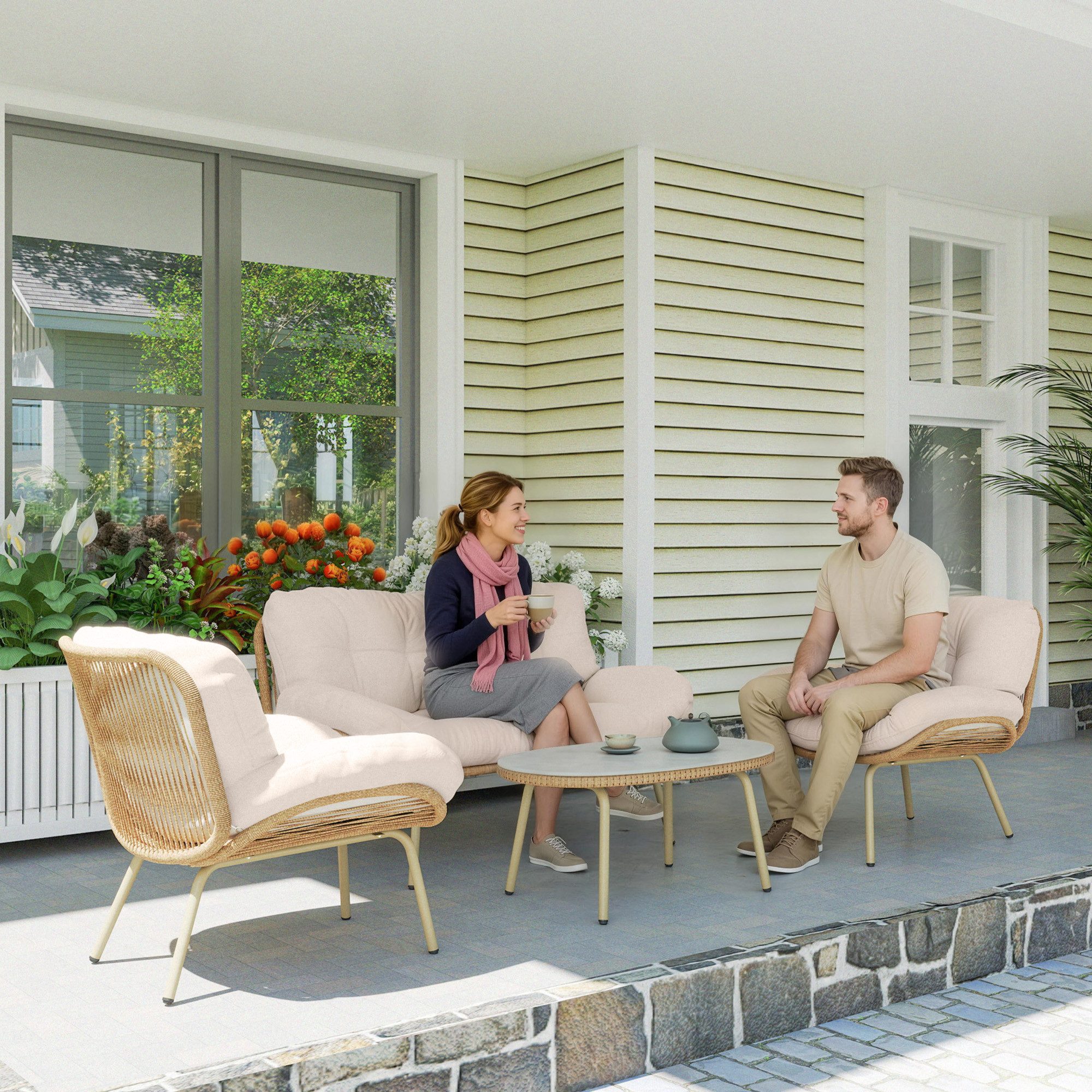 Outsunny Sitzgruppe mit Zweisitzer, 2 Sessel, Tisch, Tiefem Sitz, Dicke Kissen, (Polyrattan Lounge-Set, 4-tlg., Gartenmöbel Set), für Garten Balkon Beige
