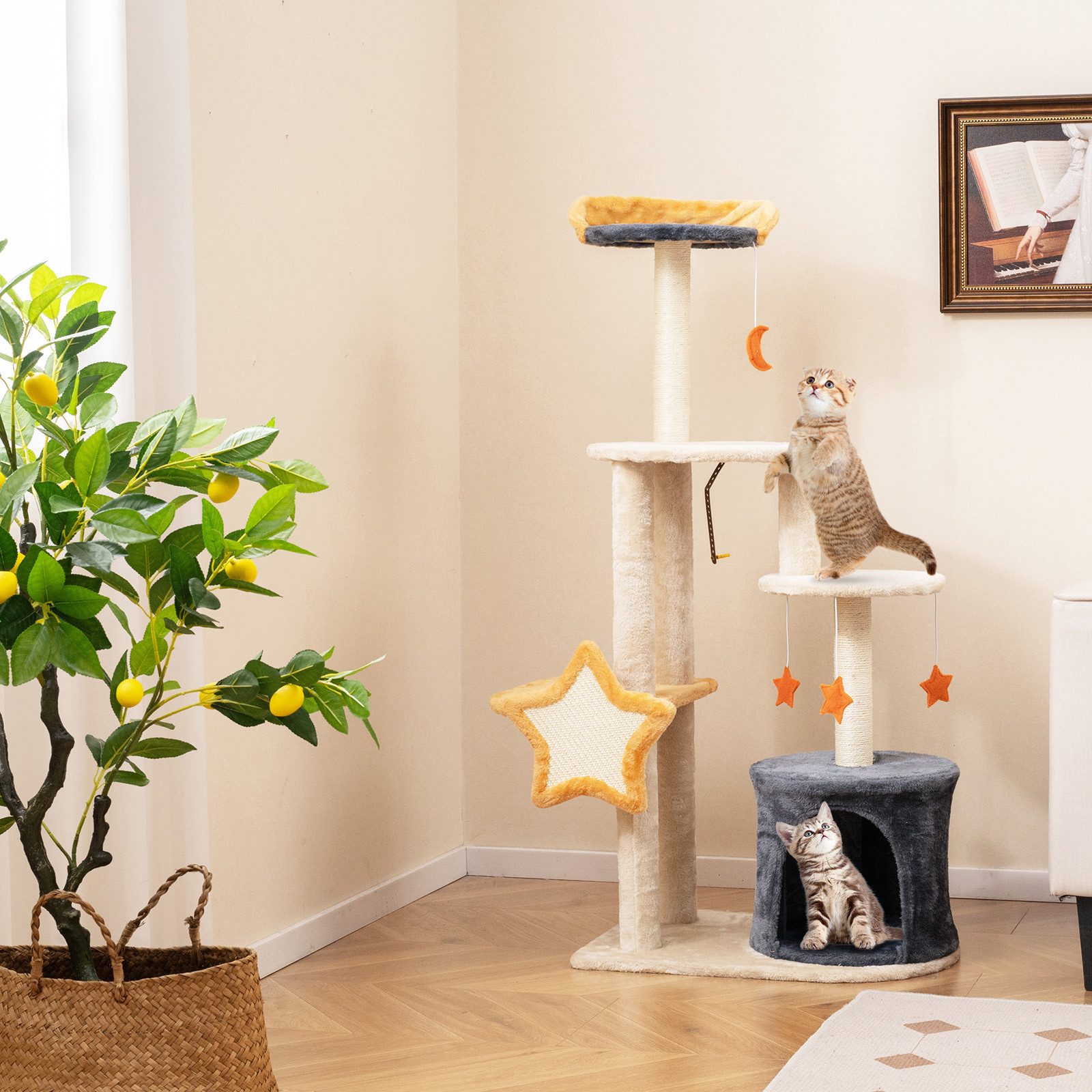 COSTWAY Kratzbaum, 5-stöckig, mit Katzenhöhle & Plüschsitzfläche, 128cm hoch