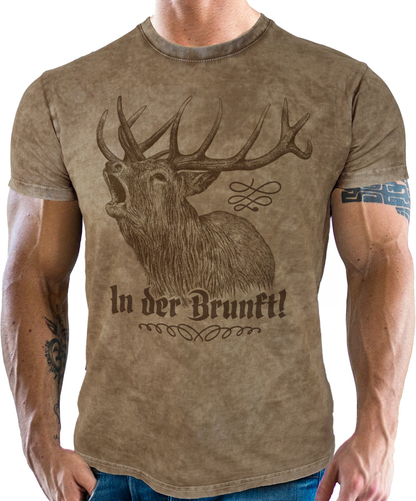 der NEGRO® Vintage In für Used Brunft im LOBO - Fans Trachten Retro Look T-Shirt