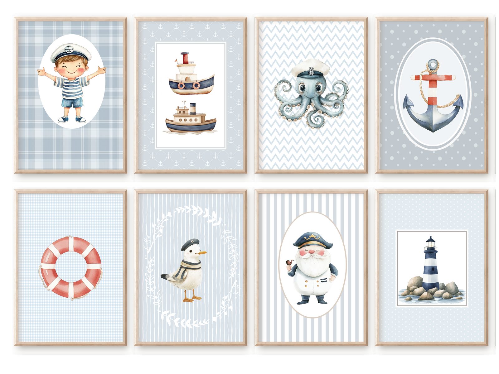 homestyle-accessoires Poster Kinderzimmer Bilderwand 8erSet Bilderset Babyzimmer MATROSE SEEMANN, Hochformat, Künstlerpapier, ohne Rahmen