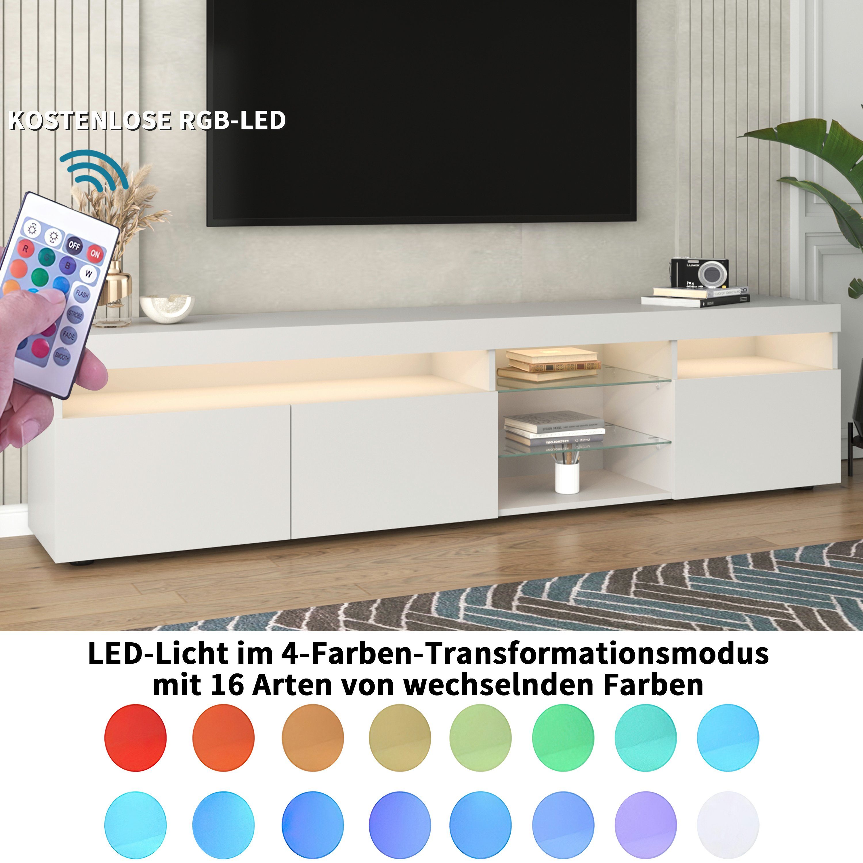 HAUSS SPLOE TV-Schrank TV-Tisch TV-Lowboards (3 LED-Beleuchtung Schranktüren) LED-Beleuchtung (mit Fernsehschrank Variable Schrank TV Weiß