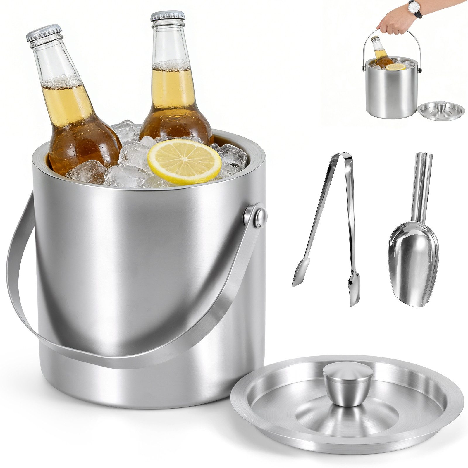 BlingBin Eiseimer Eiswürfelbehälter mit Deckel, Doppelwandig Eiskübel für Eiswürfel, Tragbar Eisbehälter mit Eisschaufel & Zangen für Bar Party Haus, 2L
