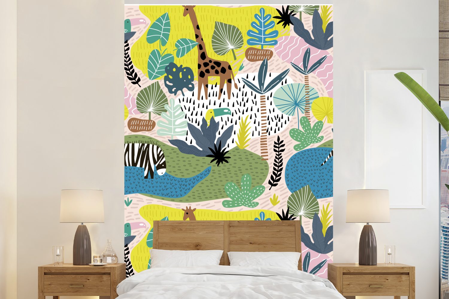 MuchoWow Fototapete Dschungel - Muster - Tiere - Pflanzen, Matt, bedruckt, (3 St), Montagefertig Vinyl Tapete für Wohnzimmer, Wandtapete