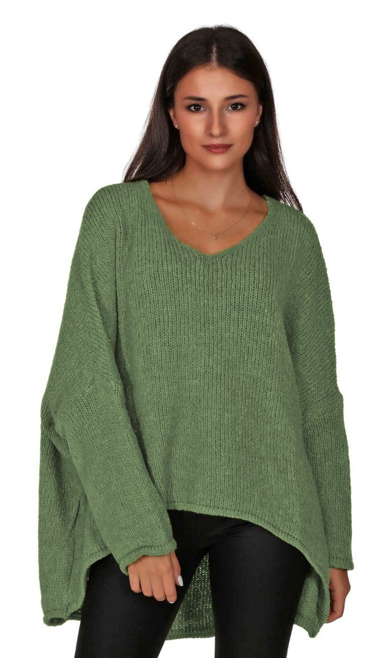 Strickpullover Olive hinten V-​Ausschnitt Charis lang Moda vorne Oversized kurz Look im