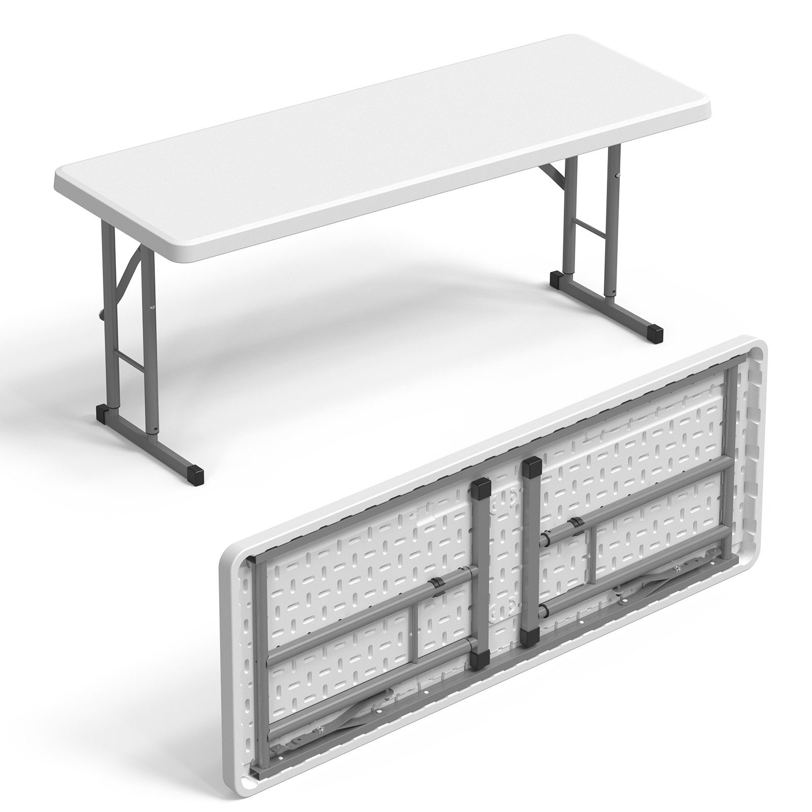VINGLI Campingtisch Klappbar höhenverstellbar aus Kunststoff & Metallrahmen, Wetterfest, für Garten, Terrasse & Balkon, bis 159 kg, 123 x 45 cm, Weiß/Schwarz