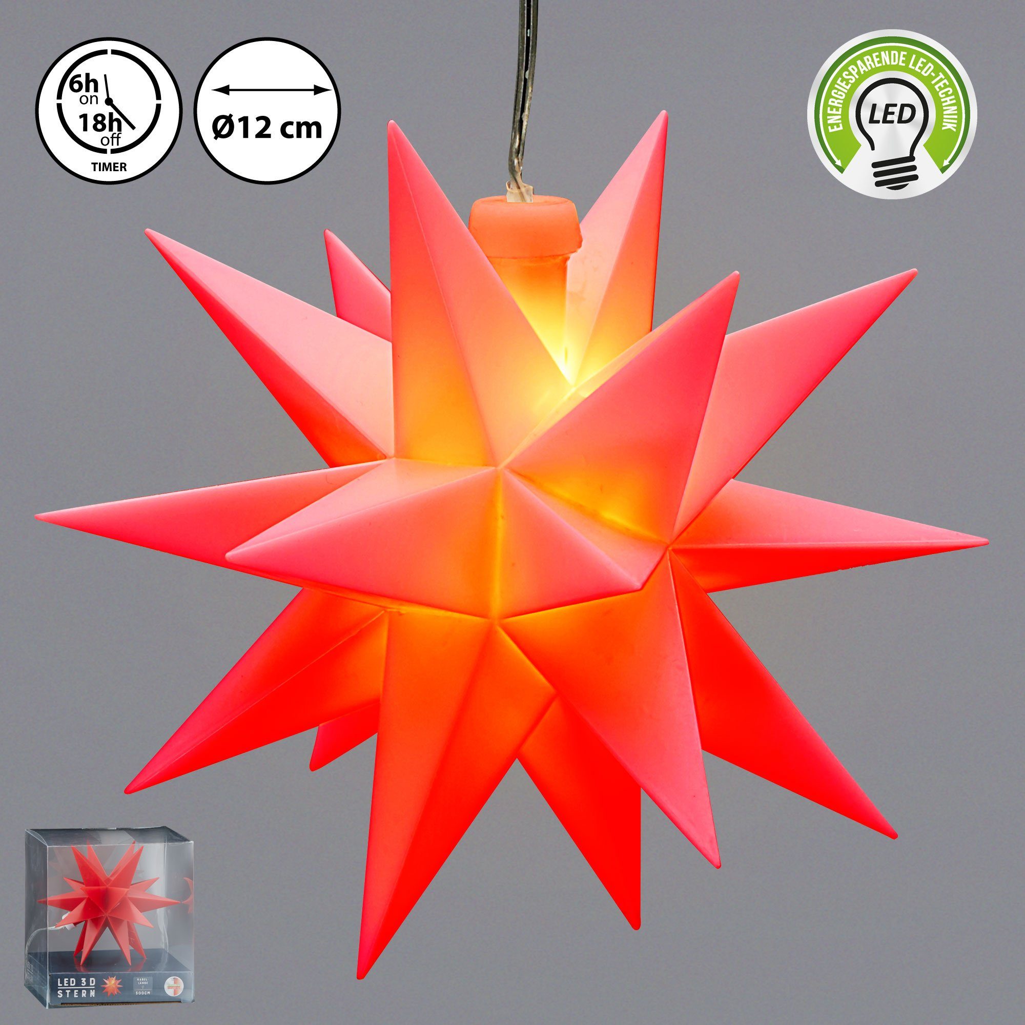 CEPEWA LED Dekolicht Leuchtstern Kunststoff hängen Weihnachststern zum 12cm Ø rot