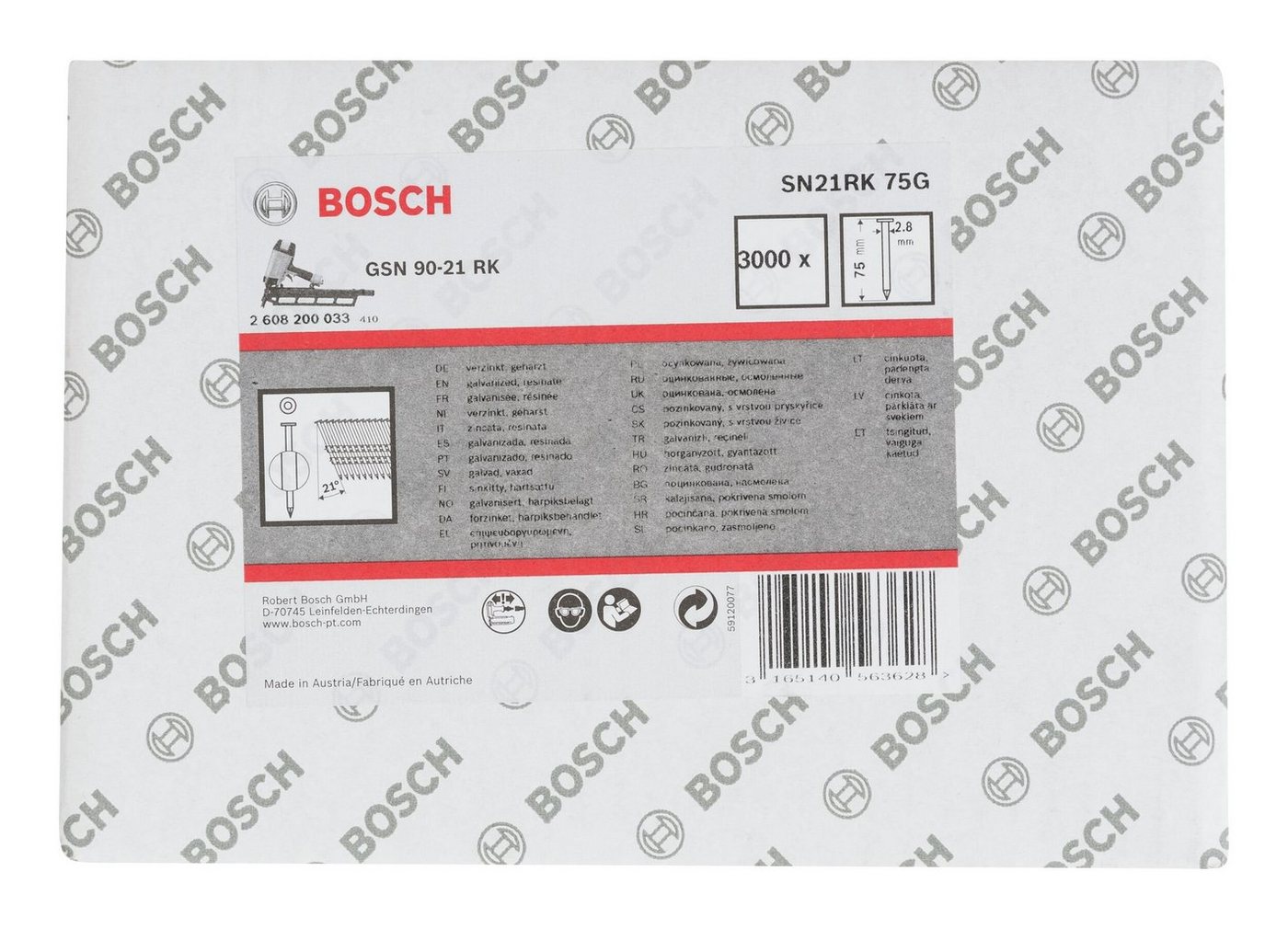 Thumbnail - BOSCH Tackerklammer, SN21RK Rundkopf-Streifennagel verzinkt glatt - 2,8 x 75 mm - 3000er