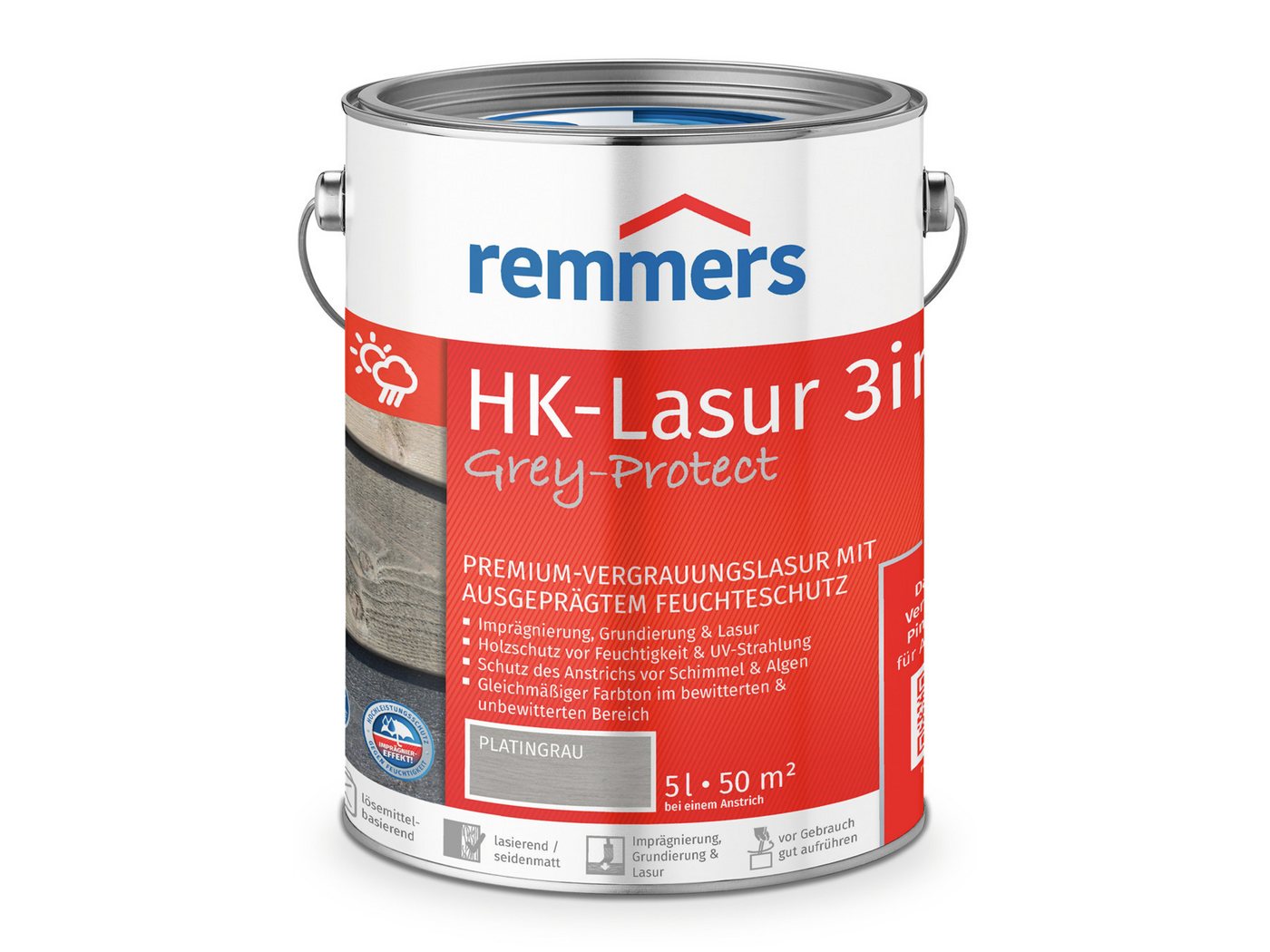 Remmers Holzschutzlasur HK-Lasur 3in1 Grey-Protect 5 Liter, 3in1 Holzschutz, Feuchtigkeit- und UV-Schutz