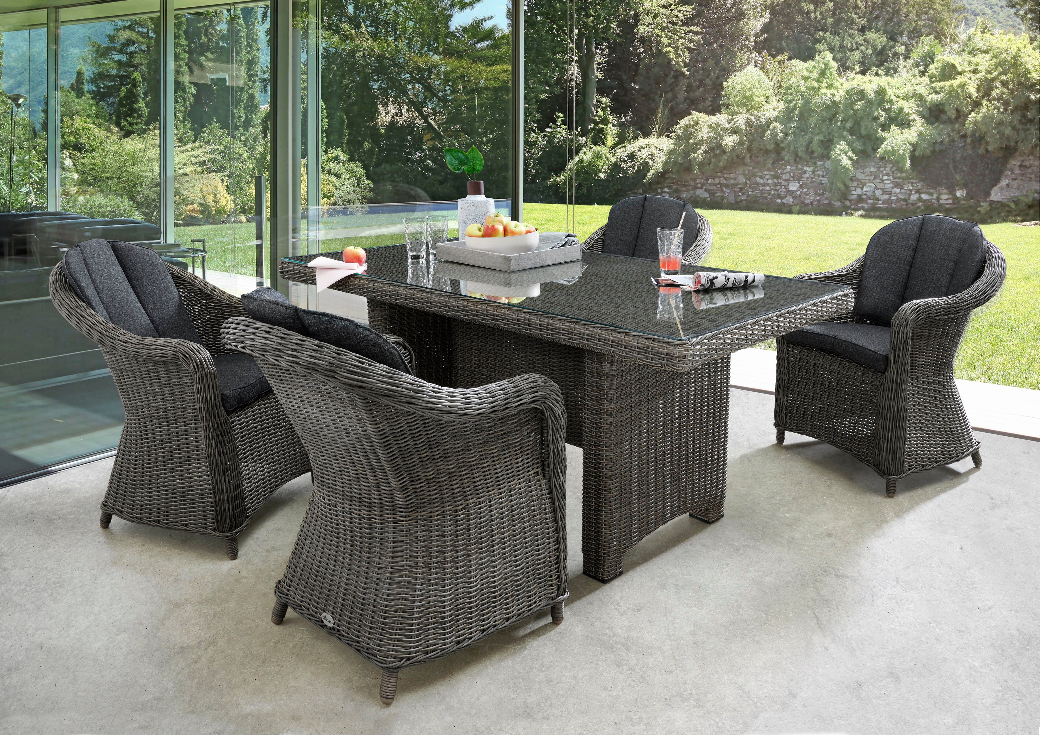 Destiny Garten-Essgruppe MALAGA LUNA, (Set, 13-tlg), Polyrattan, 4 Sessel +  Tisch 200x100x75cm, inkl. Auflagen, Hochwertiges, pflegeleichtes  Polyrattangeflecht (Halbrund- und Rundgeflec