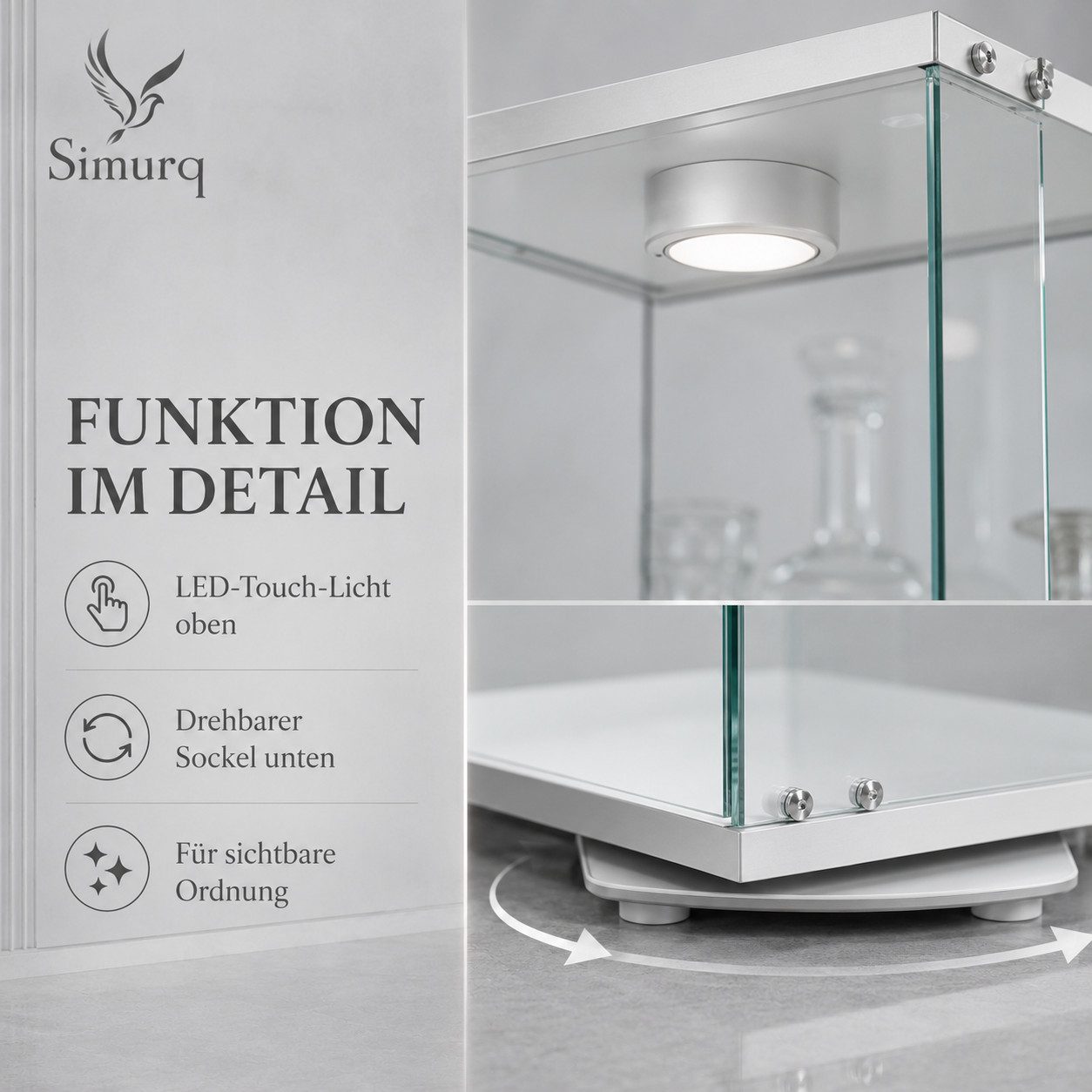 Simurq Glasvitrine mit LED-Touch-Licht und 360° Sockel für Deko und Figuren (1-St., 6 Varianten verfügbar) 360° drehbar, 38 × 38 cm Stellfläche, LED-Touch-Licht