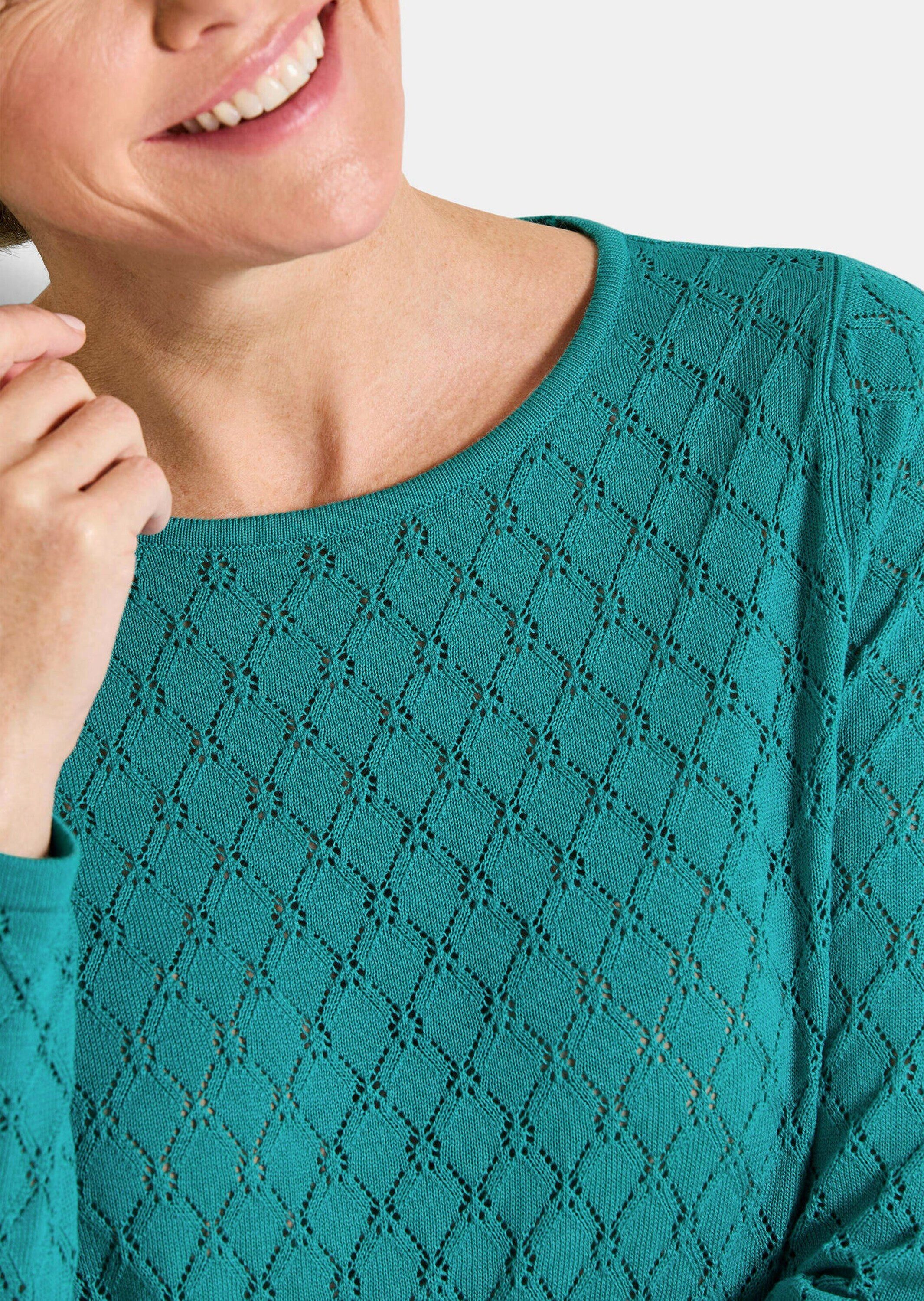 GOLDNER Strickpullover Kurzgröße: Strickpullover mit Wabenstruktur Baumwollpullover mit U-Boot-Ausschnitt und Langarm