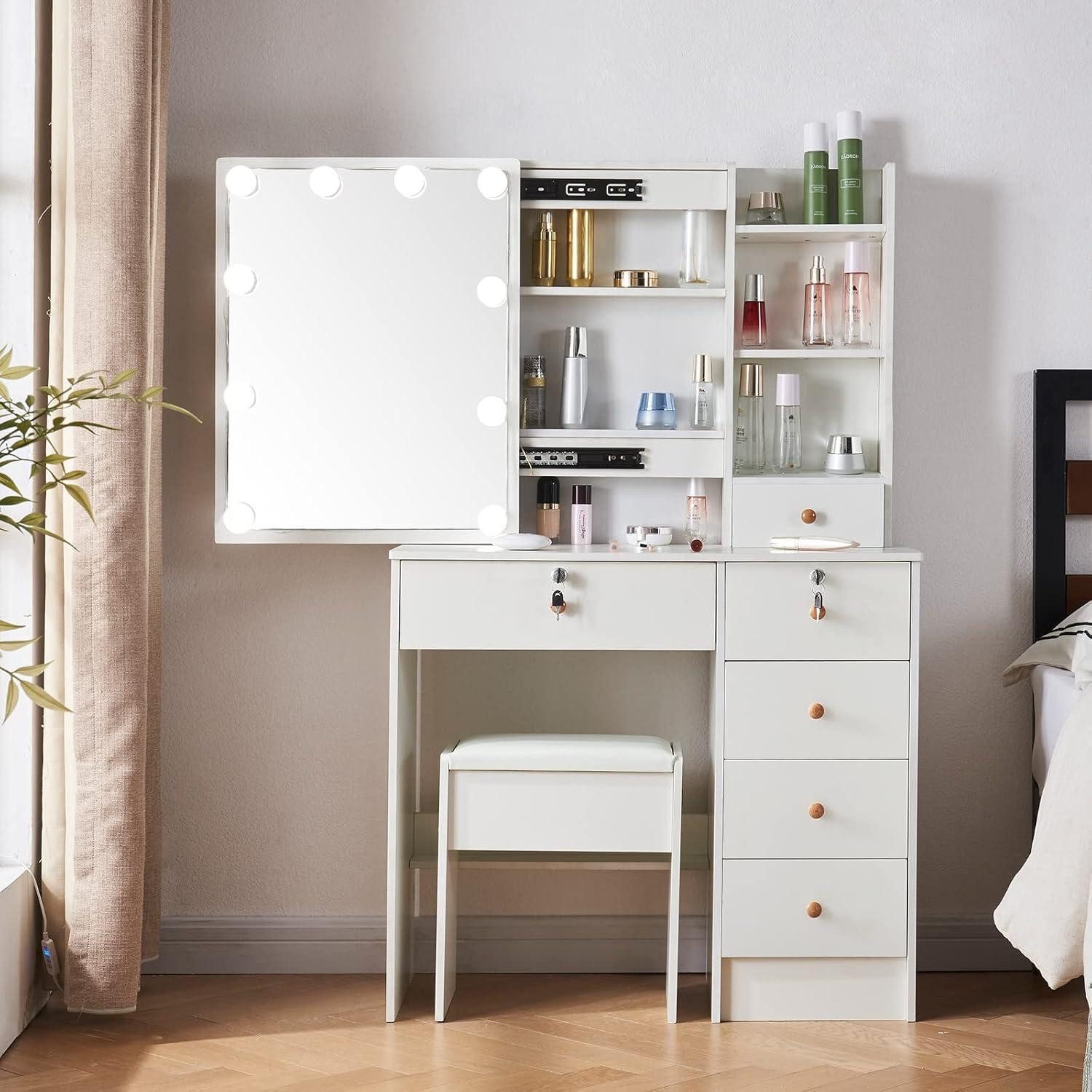 Schminktisch Schminktisch mit LED Beleuchtung, Hocker, Spiegel, 6 Schubladen