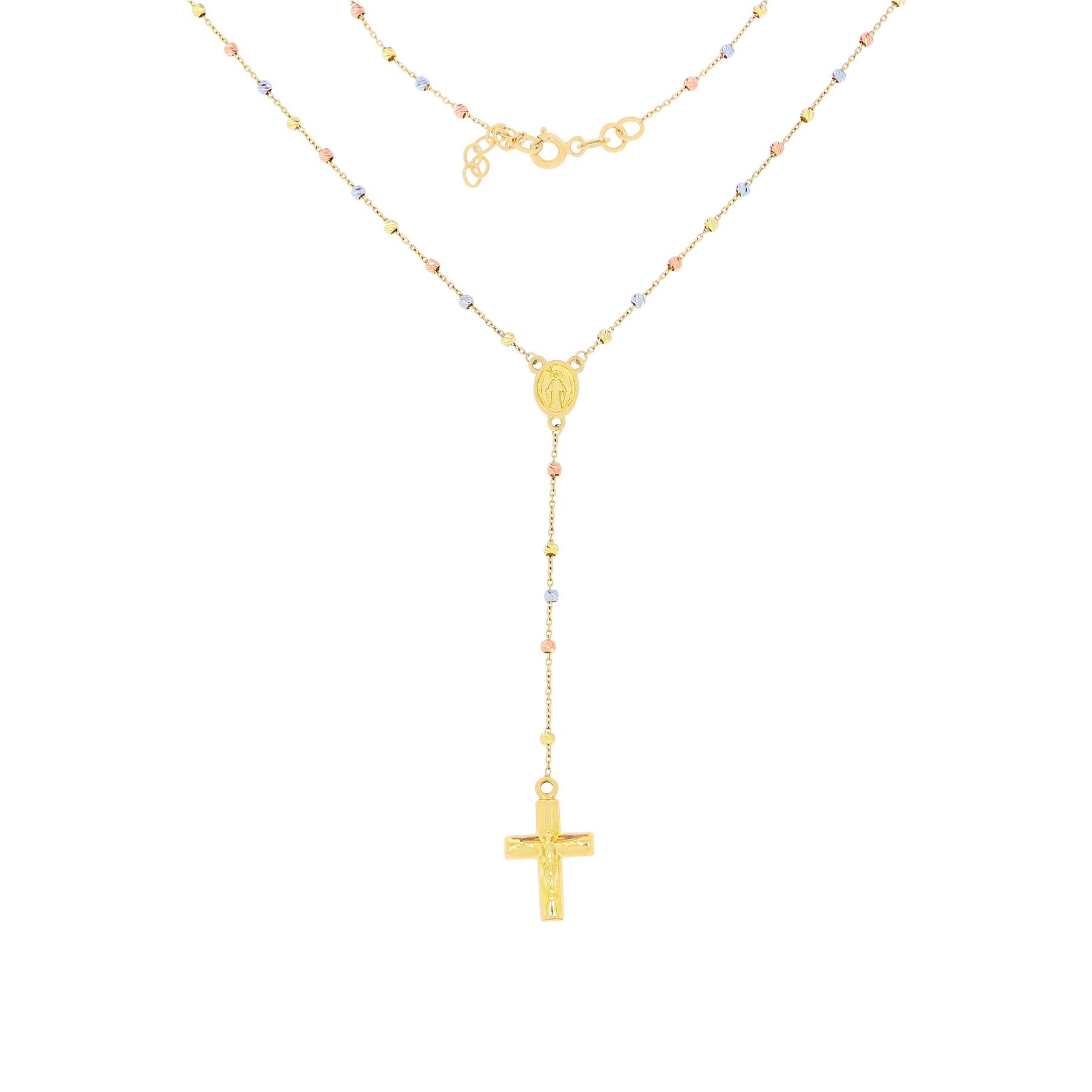 Stella-Jewellery Collier 585er Gold Rosenkranz Tricolor m. diam. Kugeln 2mm, Rosenkranz mit Anhänger Kreuz und Heilige Maria