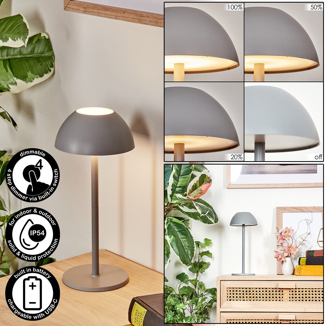 hofstein Tischleuchte Tischlampe aus Metall/Kunststoff in Grau/Weiß, dimmbare Tischleuchte mit Akku, Touchdimmer, Memoryfunktion, IP54