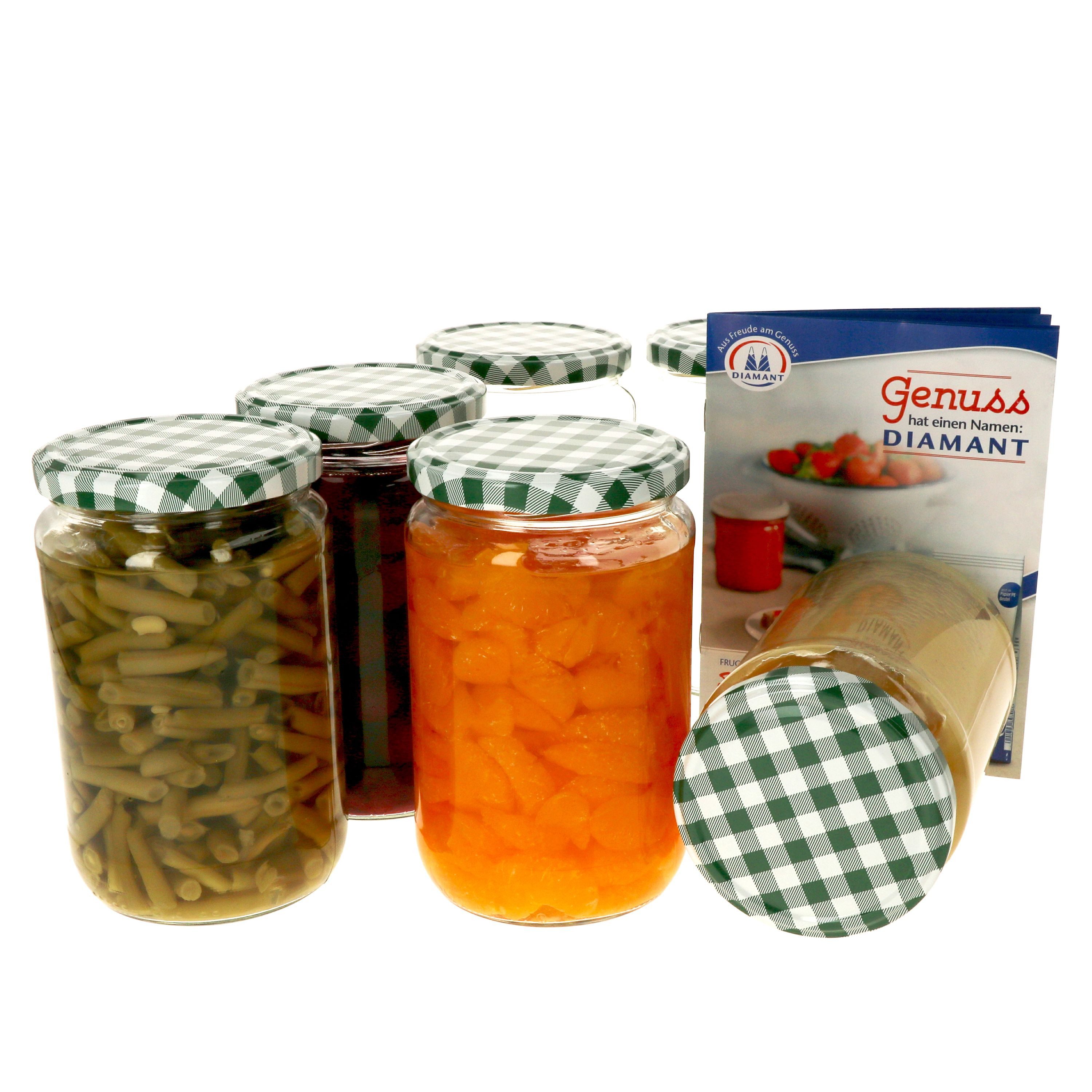 MamboCat Einmachglas 6er Set Rundglas 720 ml To 82 grün karierter Deckel incl. Rezeptheft, Glas