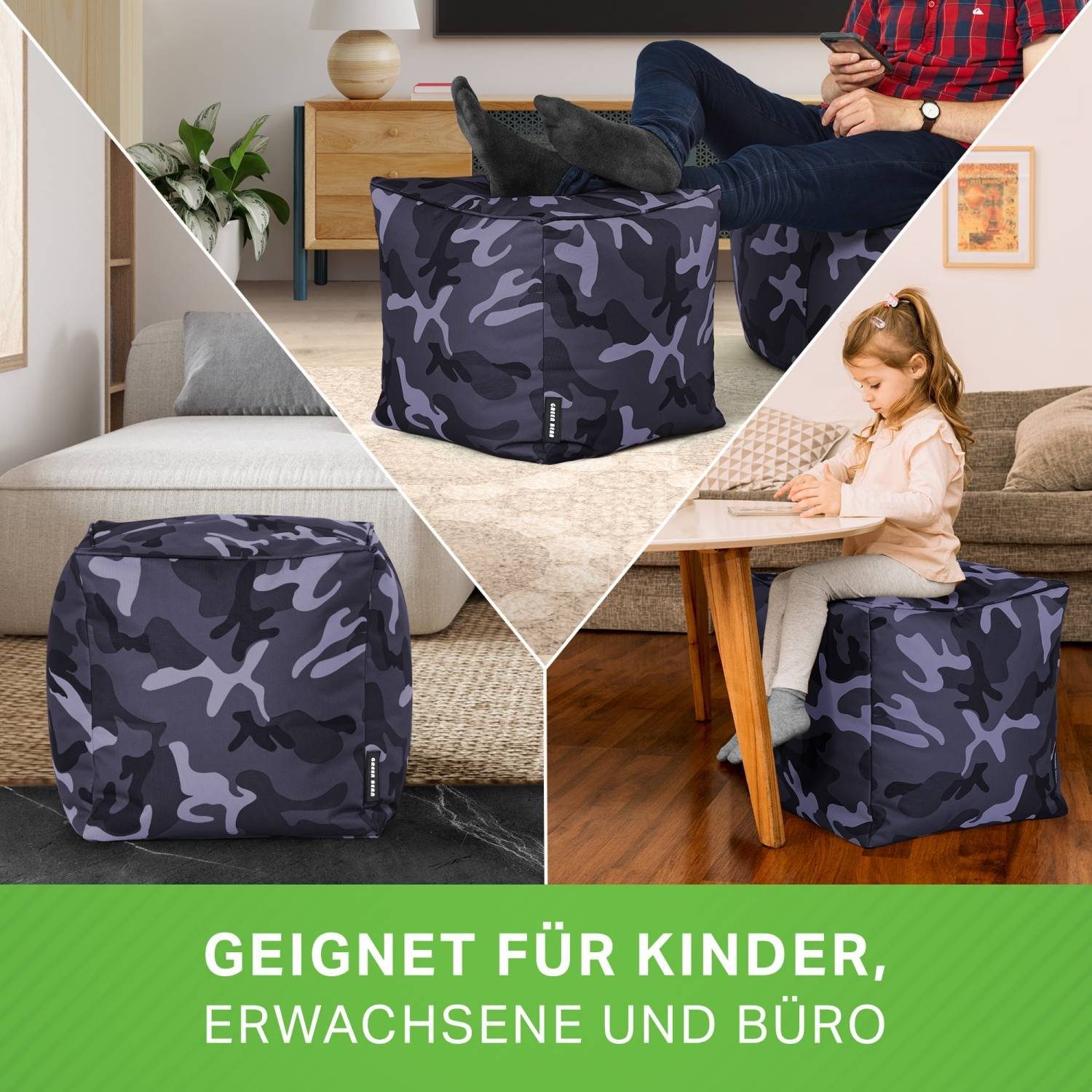 EPS-Perlen und - Sitzhocker Bean 40x40x40cm (Hocker Fußkissen Cube Bodenkissen Green Sitzkissen mit Kinder Erwachsene Blau Sitzsäcke), Camouflage Füllung, Sitzsack für Fußhocker für Sitz-Pouf