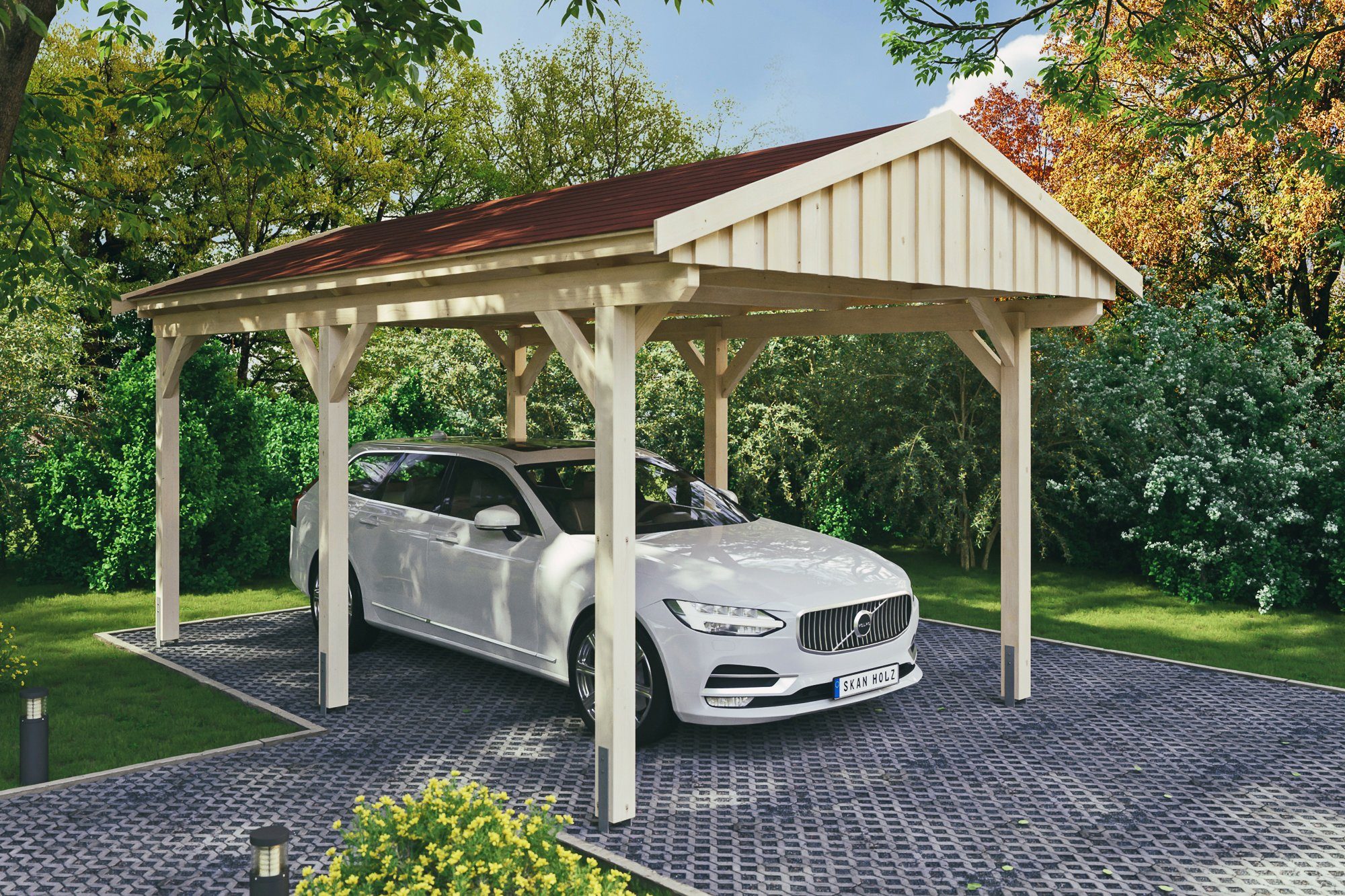 Skanholz Einzelcarport Fichtelberg, BxT: 317x566 cm, 273 cm Einfahrtshöhe, mit roten Schindeln