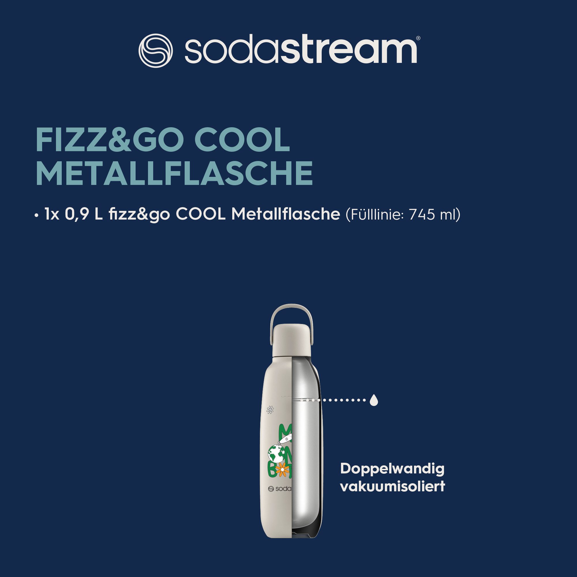 SodaStream Thermoflasche Metallflasche Fizz&go COOL DWS, 0,9 l, Trinkflasche, kompatibel mit SodaStream DUO, E-DUO, TERRA, ART & ENSO Wassersprudler