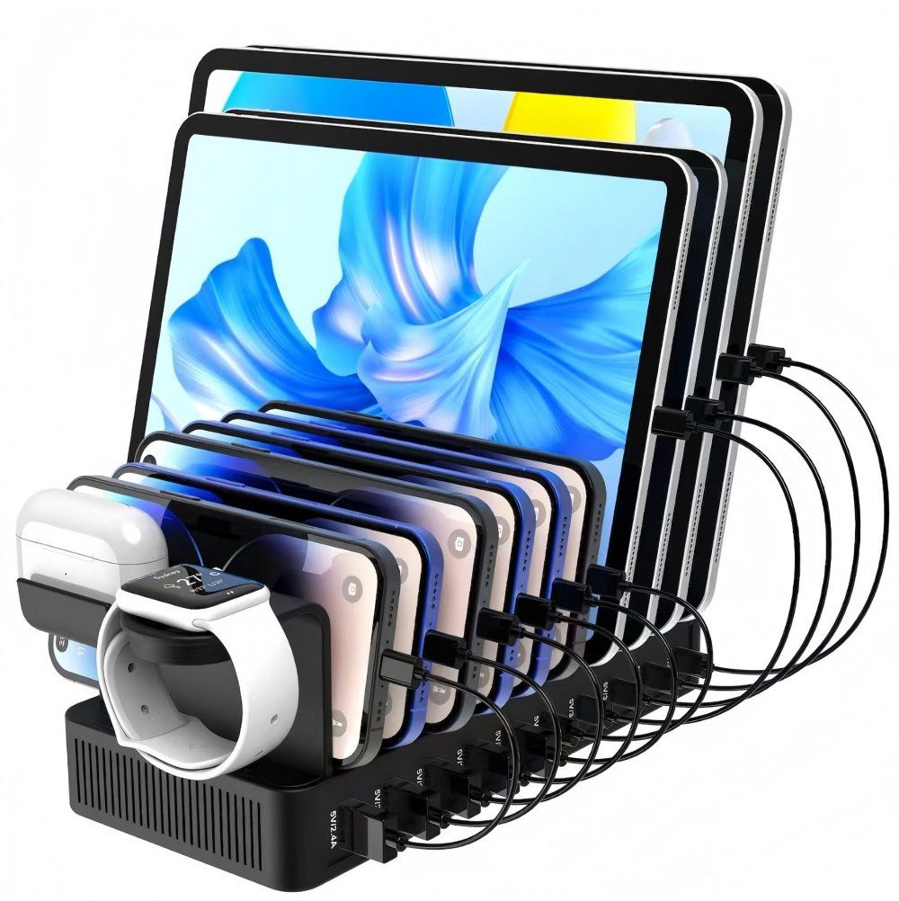 ibettertec 100W Multi-Geräte Ladestation mit 10 Anschlüssen Ladestation (USB-C & USB-A Ladehub inkl. 10 Kabeln, Verstellbare Halterung für Smartphones)