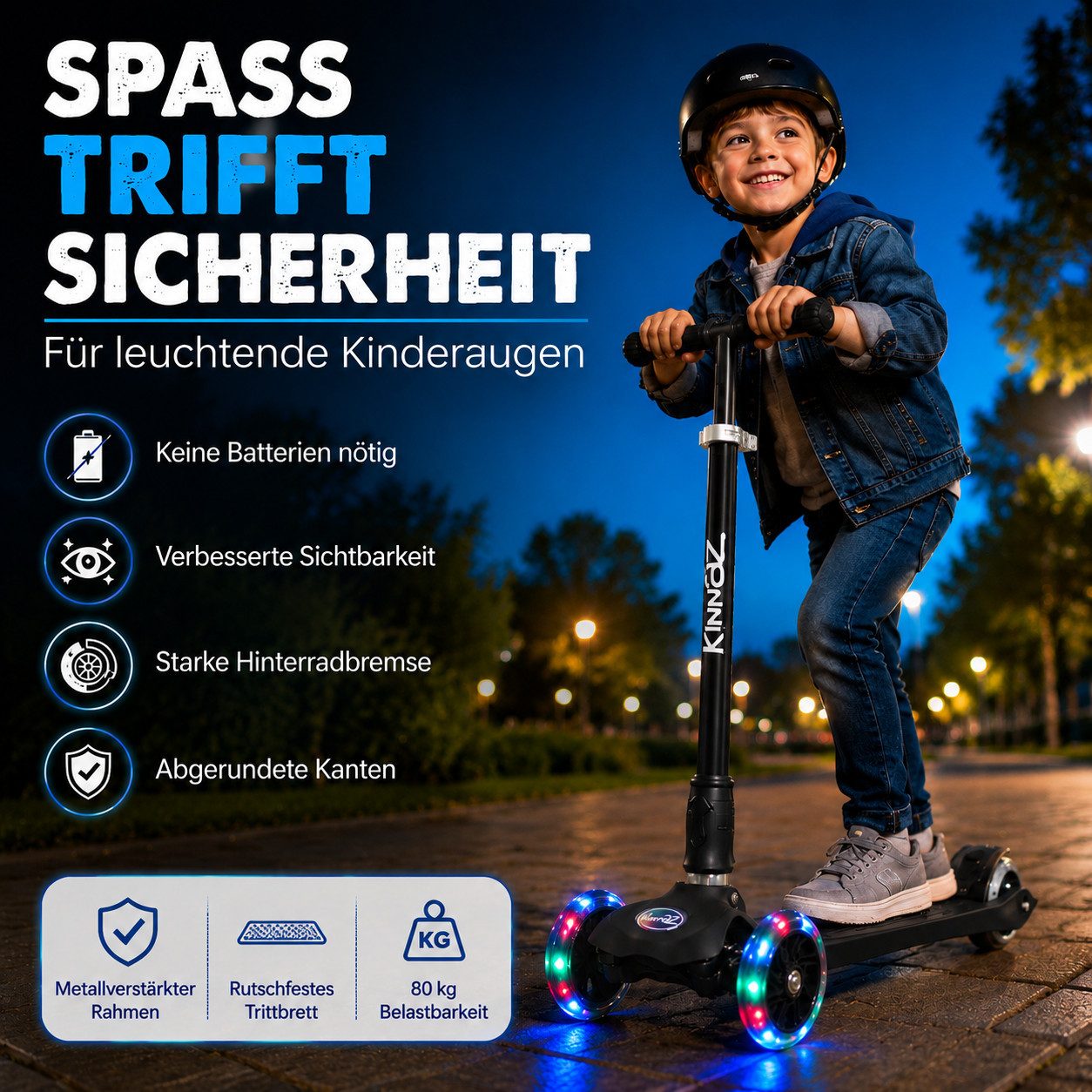 KINNAZ Dreiradscooter ab 5 Jahre, LED Räder, Höhe flexibel, faltbar, Roller Scooter Garantie, (Kinderroller, Kinnaz Two), faltbar, höhenverstellbar, LED Räder, Ersatzteilservice, aus Hamburg