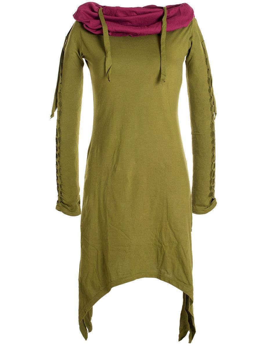 Goa, Zipfelkleid Elfen Ethne, Boho, Style Vishes Schalkragen Kleid langarm Biobaumwolle Zweifarbiges aus olive mit