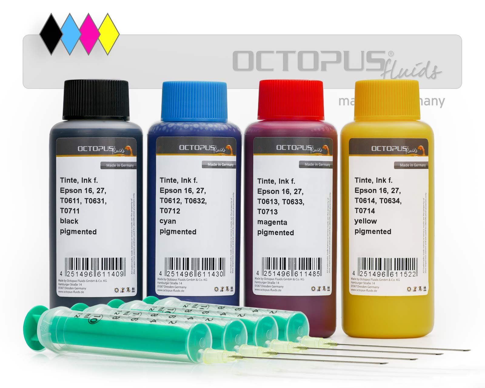 OCTOPUS Fluids Druckertinten für Epson 16, 27, T061x, T063x, T071x, alle 4 Farben Nachfülltinte (für Epson, 4x 100 ml) | Tintenpatronen